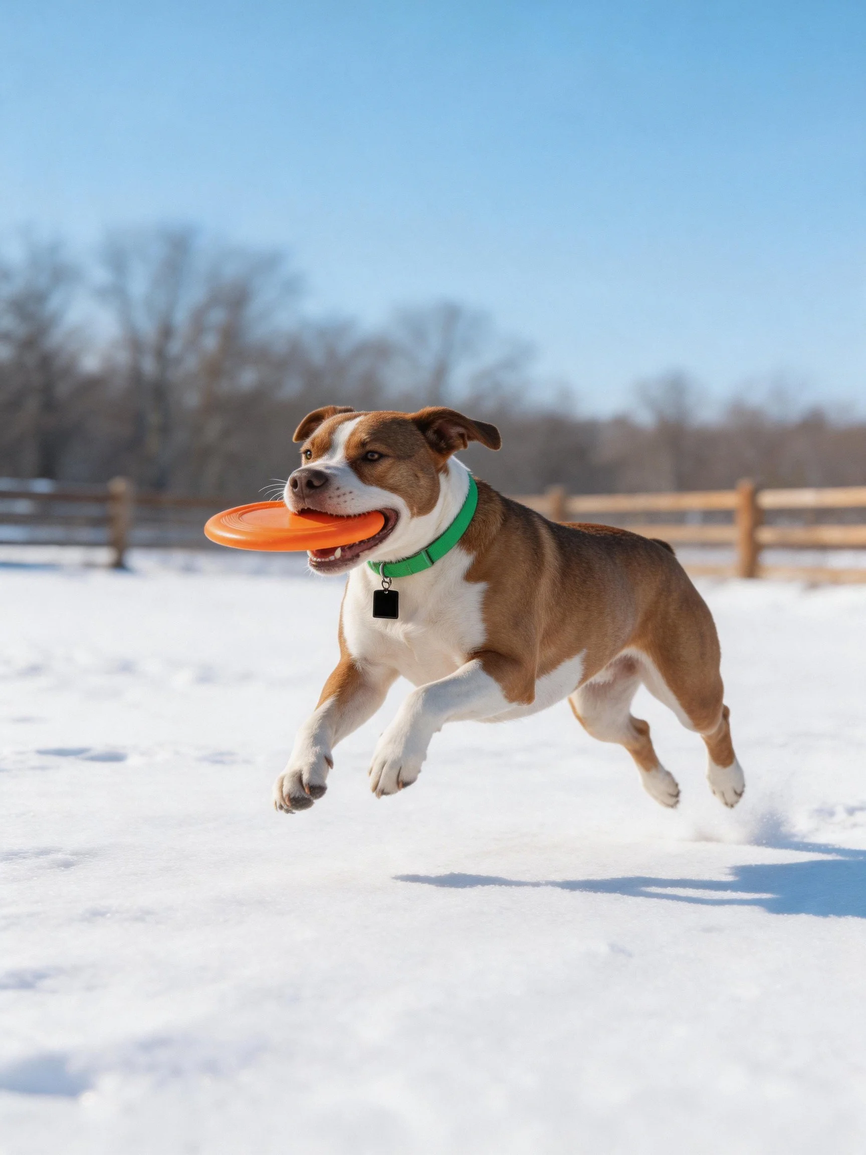 A dog catches an orange frisbee while jumping over snow