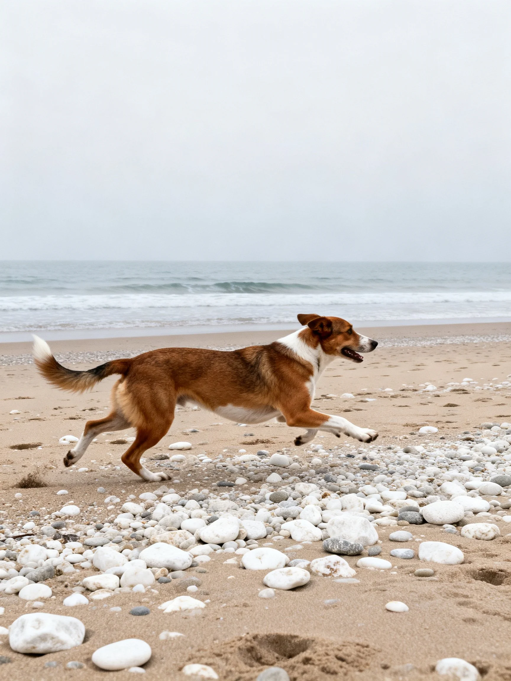 A brown and white dog leaps over pebbles on a sandy beach