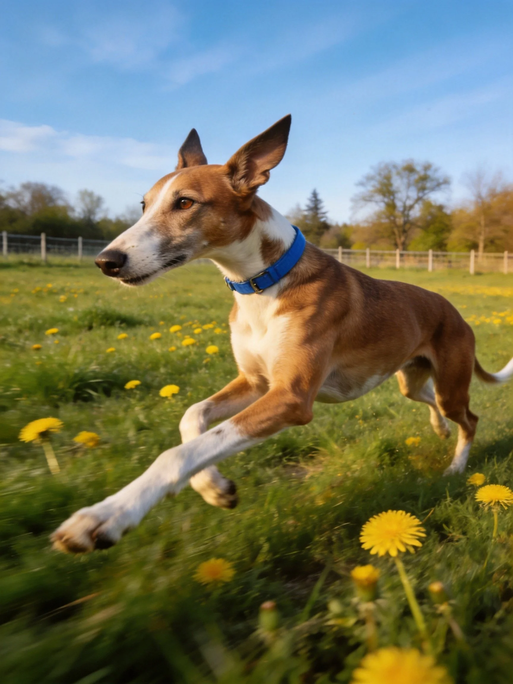 A brown and white dog leaps through a flower-filled meadow