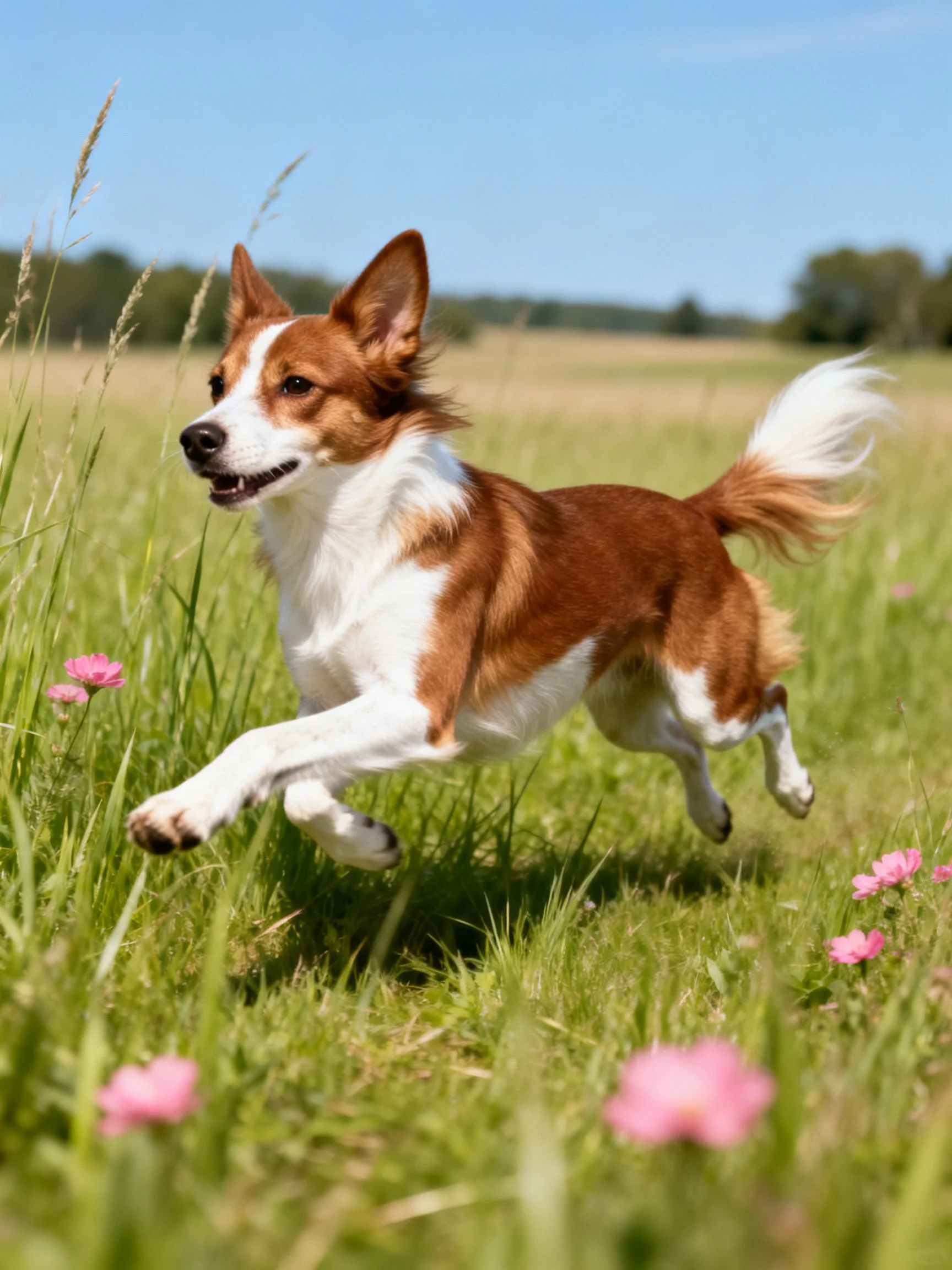 A brown and white dog leaps through a flowered meadow