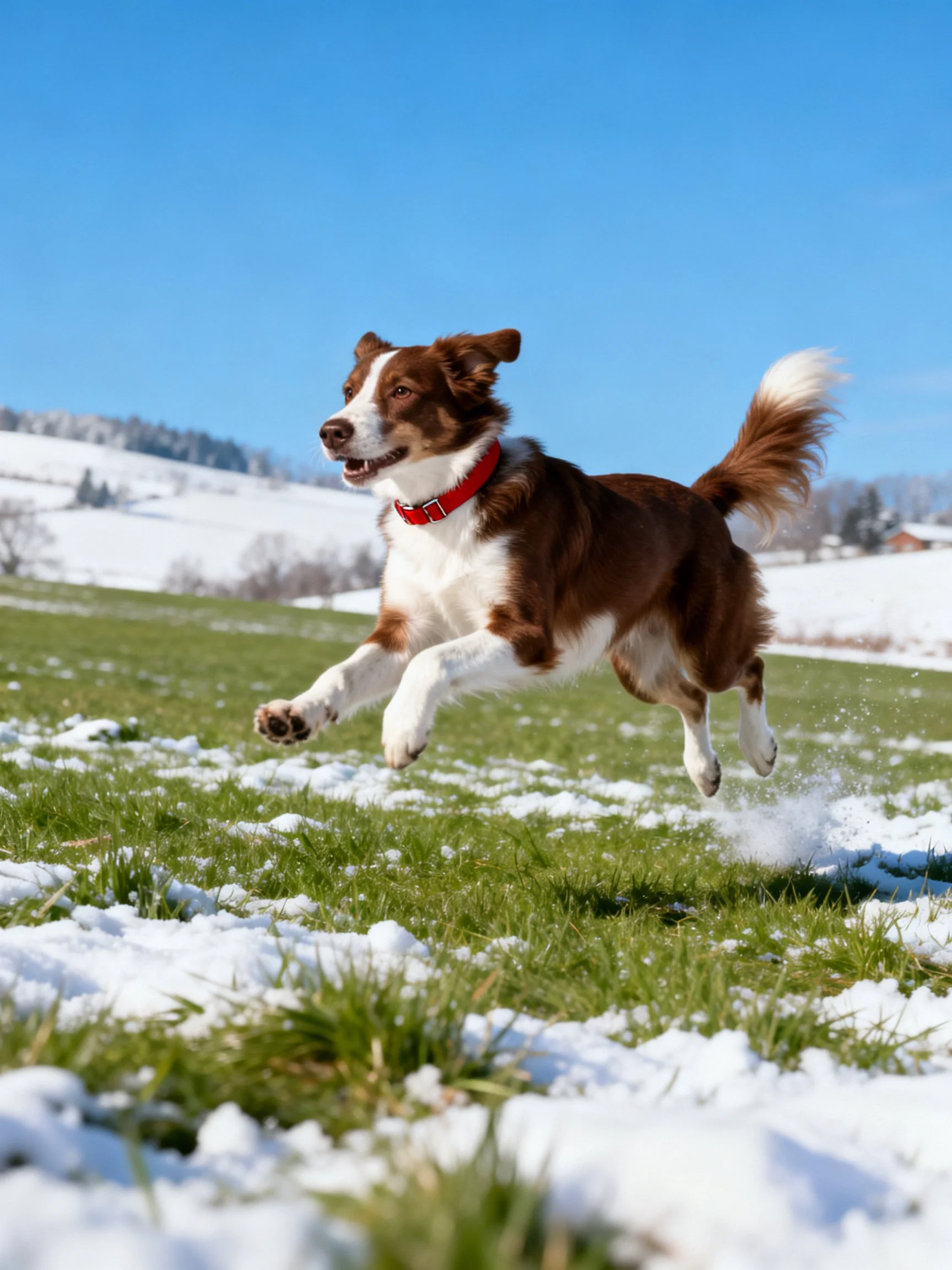 A brown and white dog leaps through a snow-dusted grassy field
