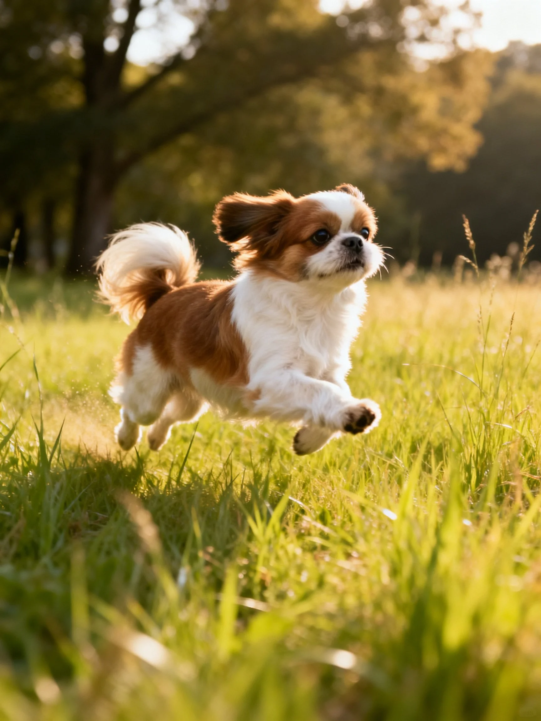 A small brown and white dog runs energetically in a sunlit meadow.