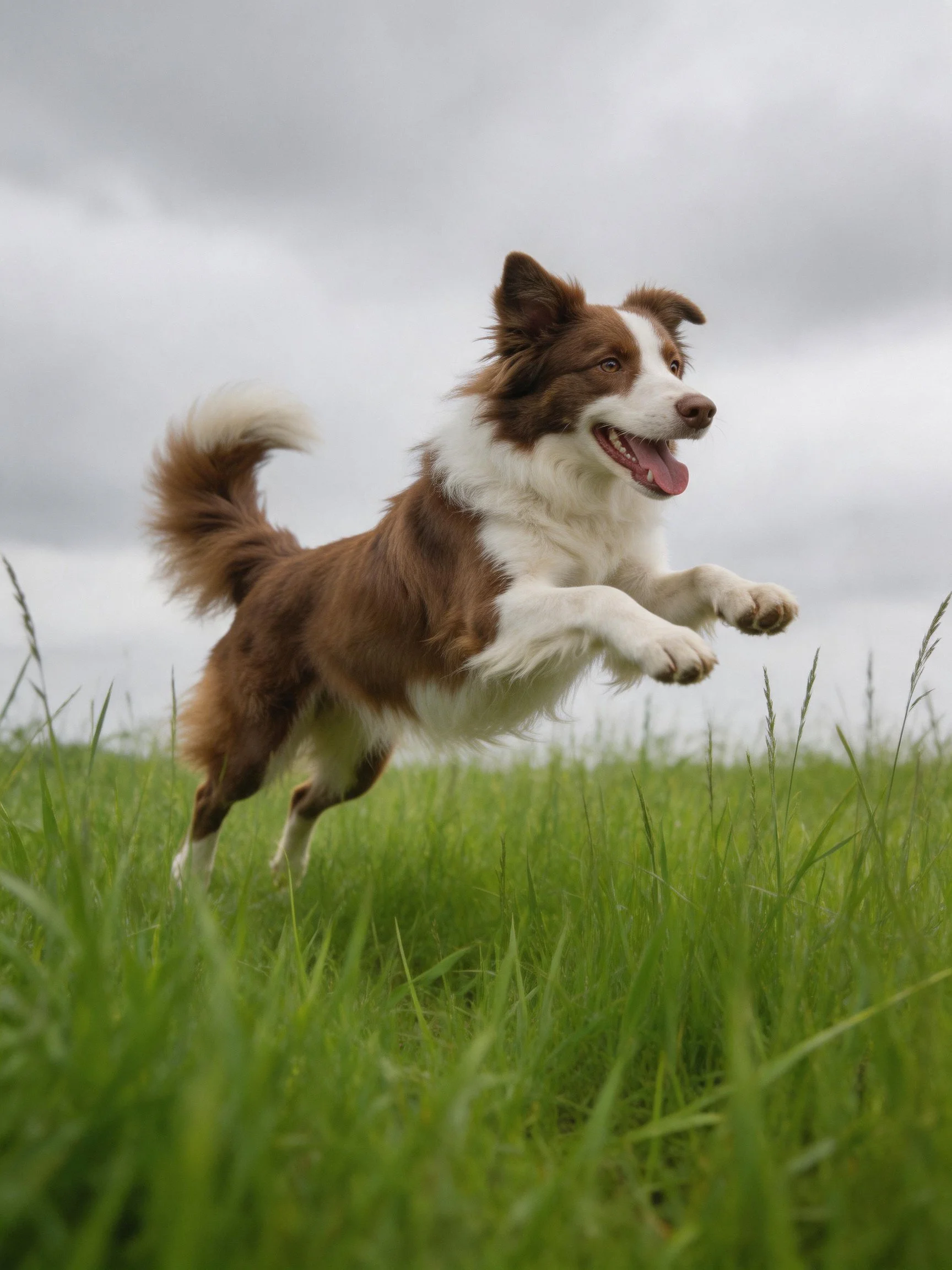 A brown and white dog leaps through tall green grass under a cloudy sky
