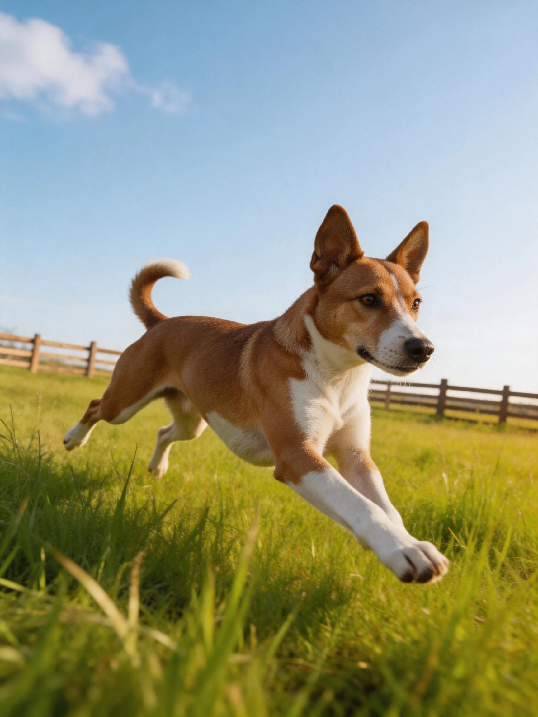 A brown and white dog leaps through tall green grass under bright blue sky