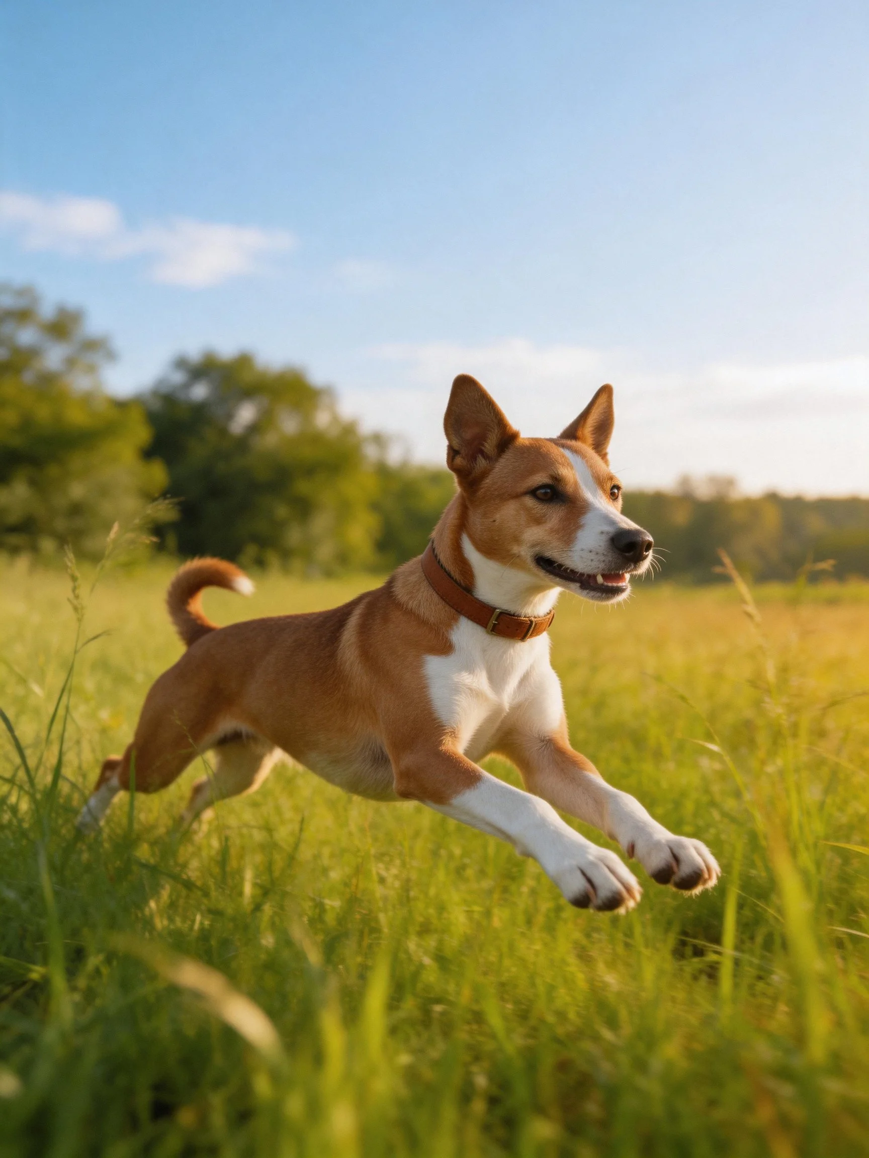 A brown and white dog leaps through tall green grass under sunny sky
