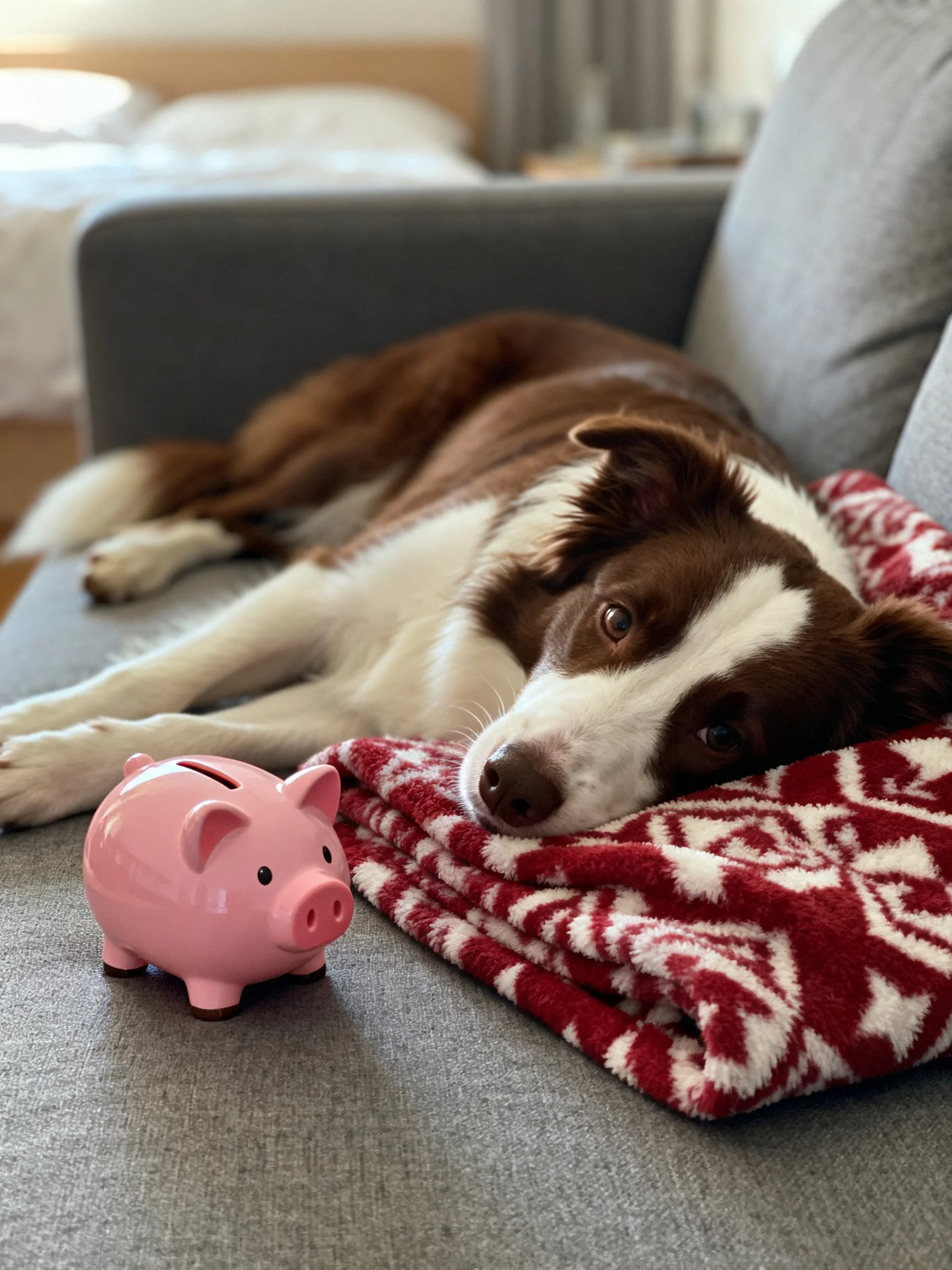 A brown and white dog relaxes near a pink piggy bank on a couch