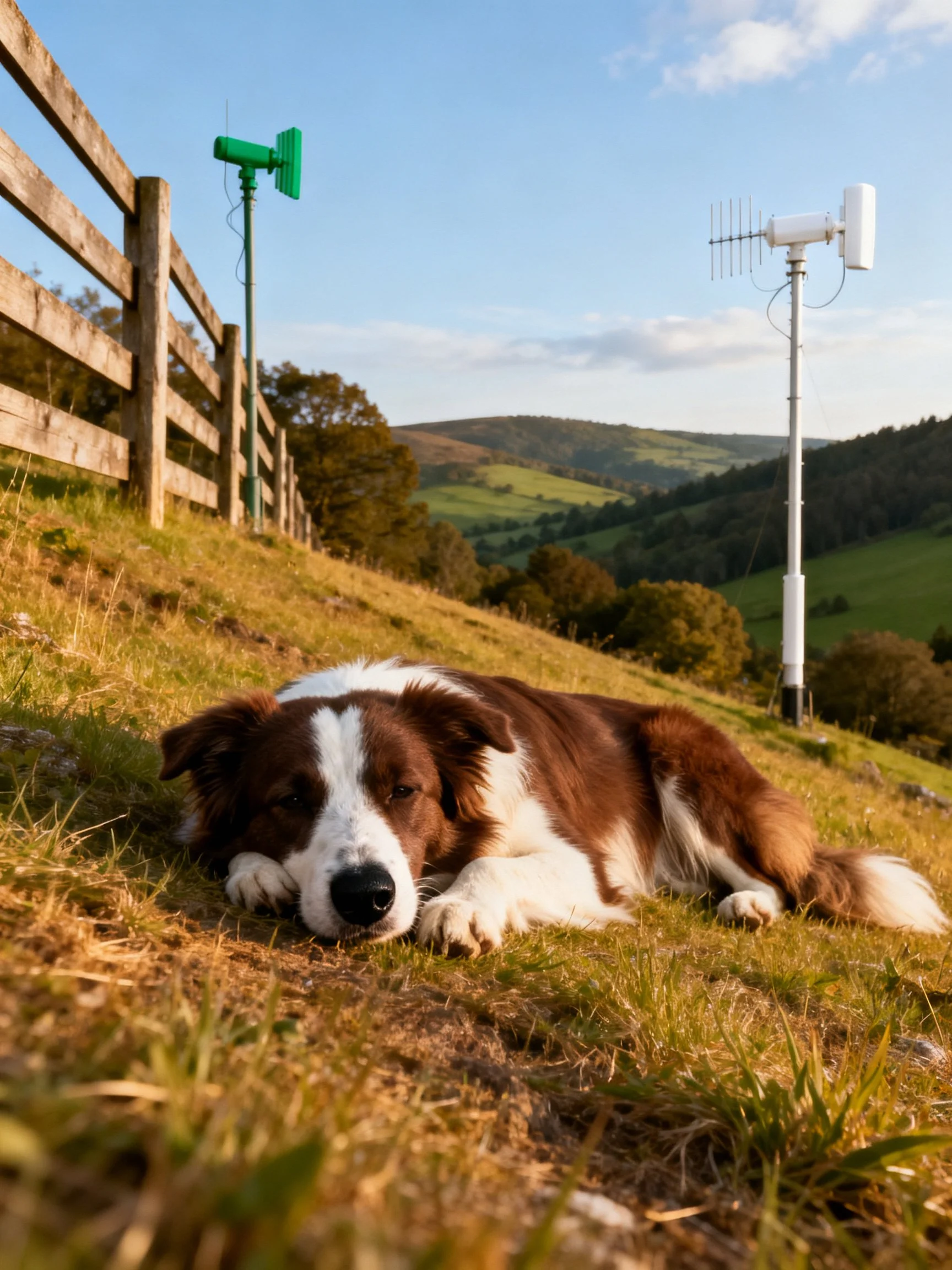 A brown and white dog lies near green and white devices on a grassy hillside