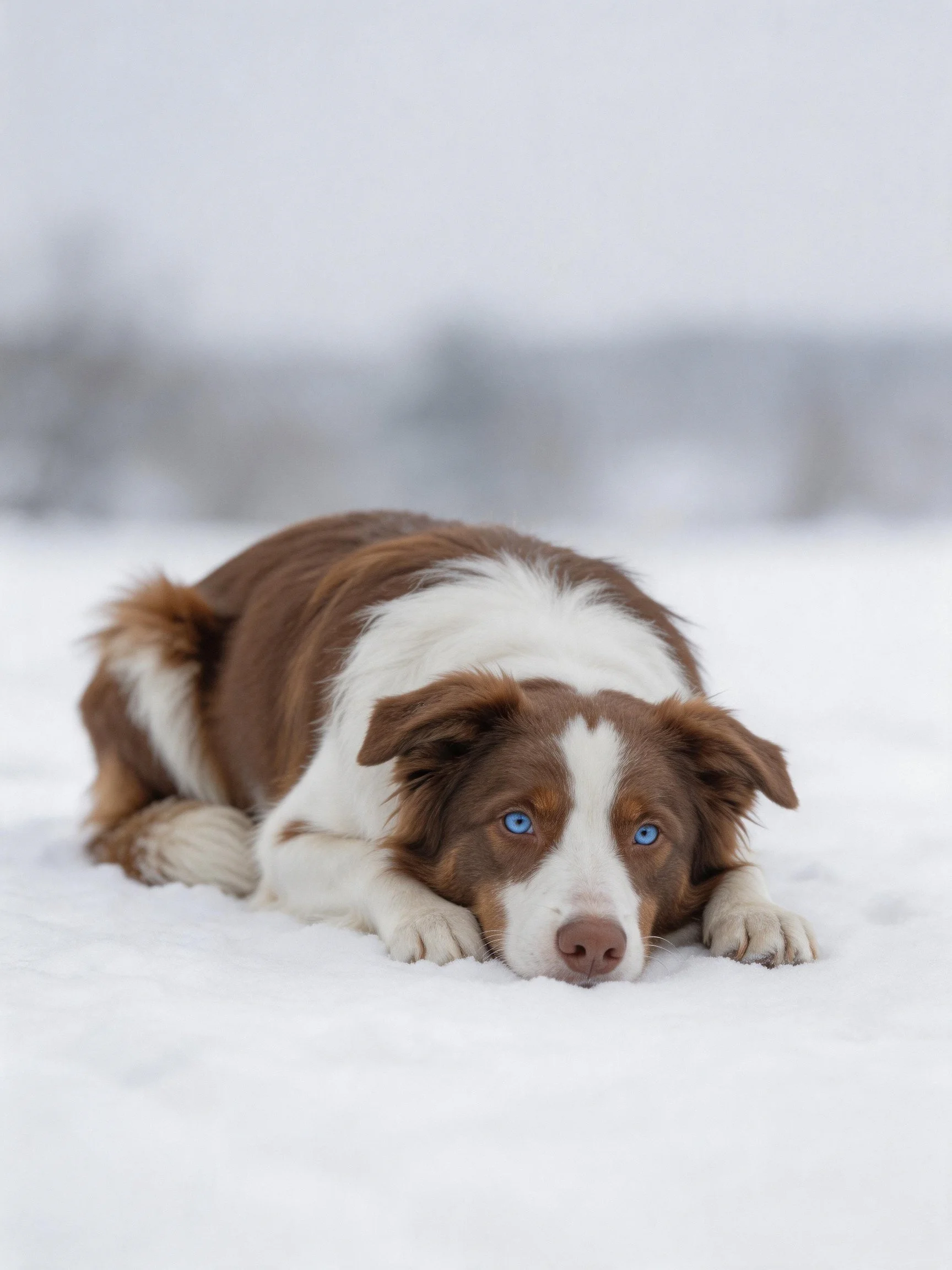 A brown and white dog lies on snow with blue eyes