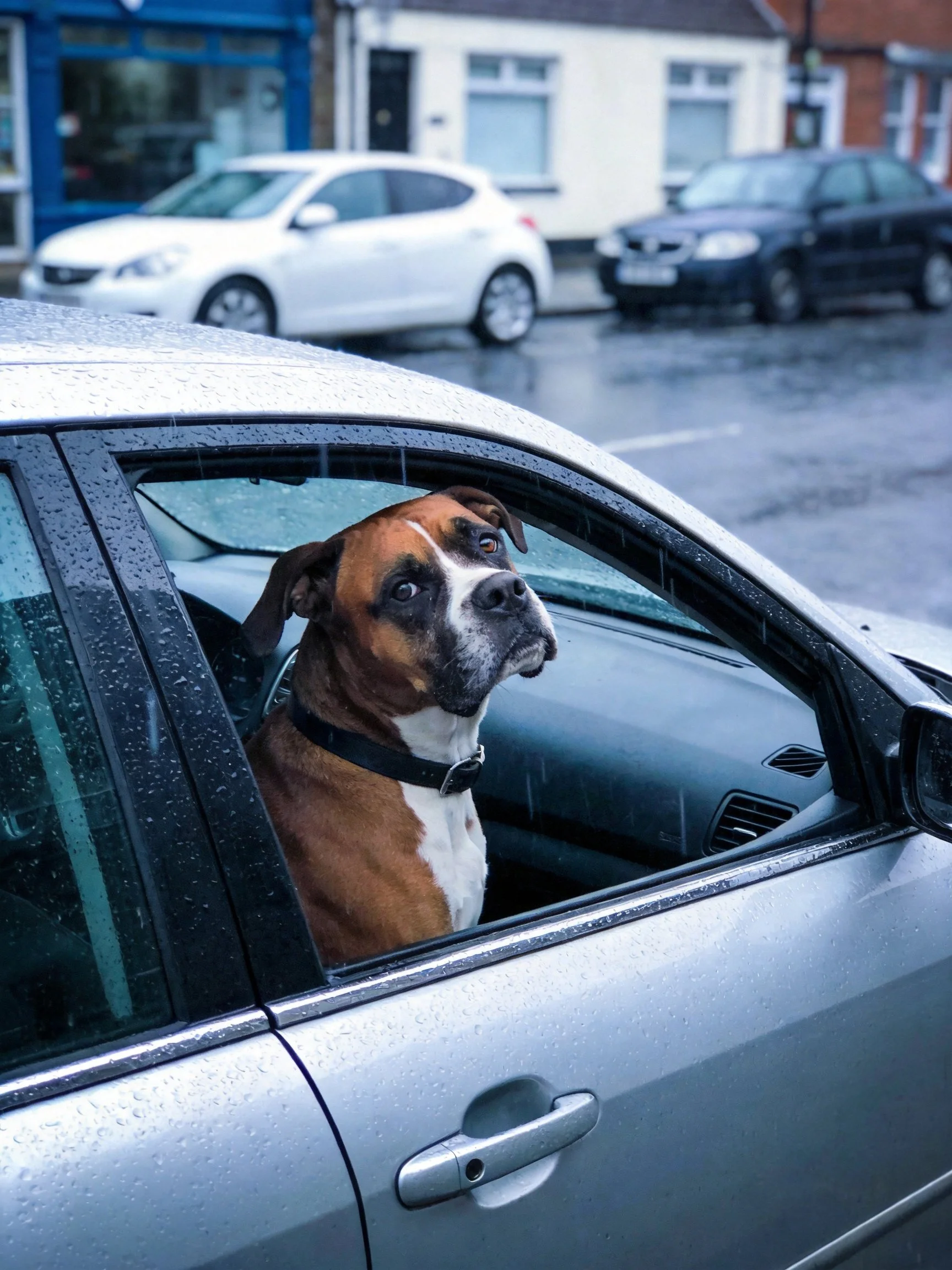 A brown and white dog looks out of a silver car’s open window on a rainy street.