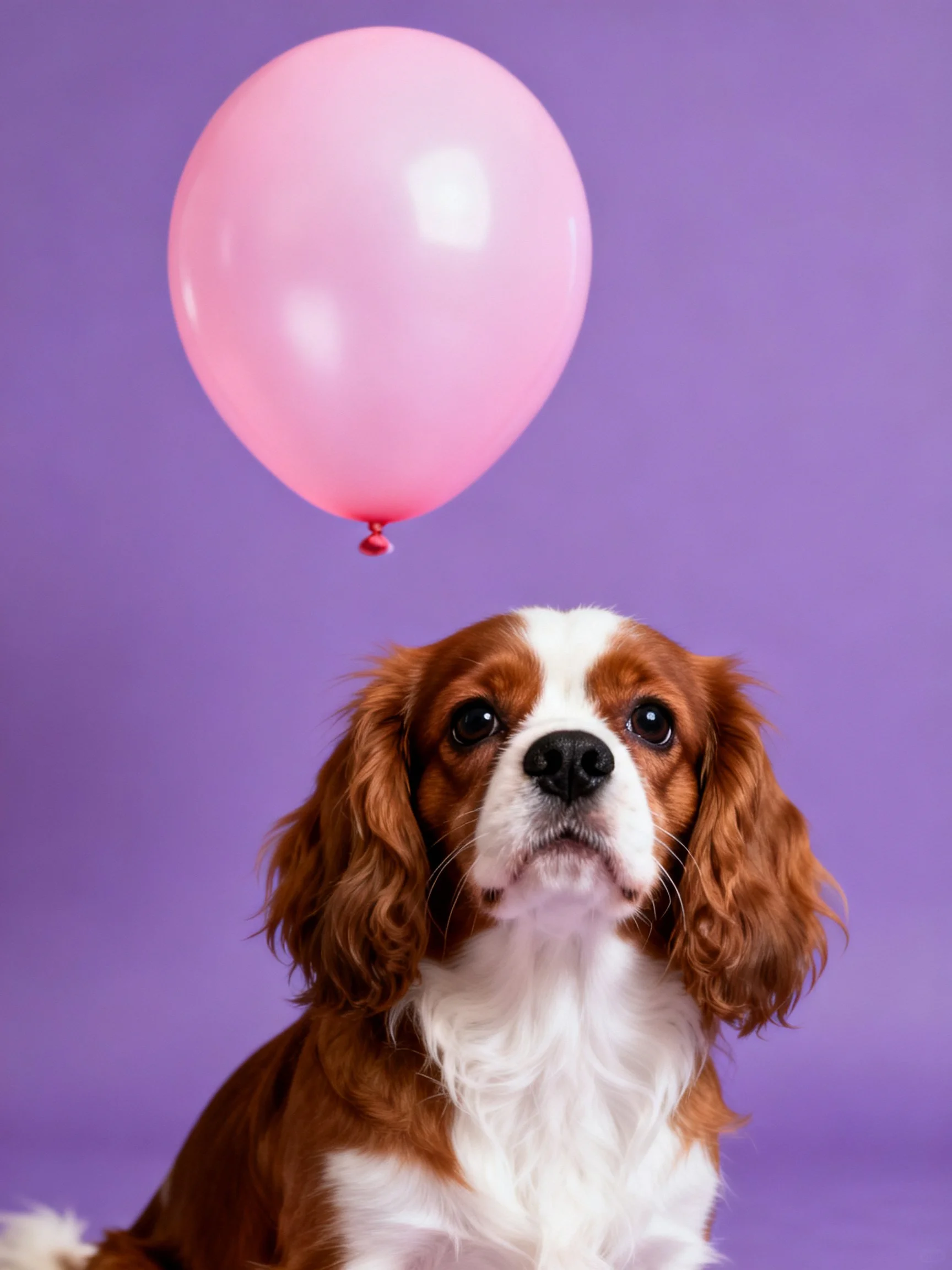 A brown and white dog looks up at a pink balloon on a purple background