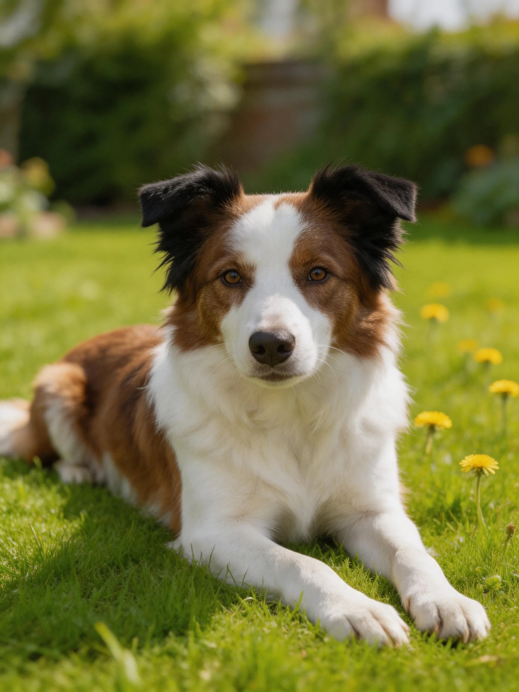 A brown and white dog lying on lush green grass near yellow flowers