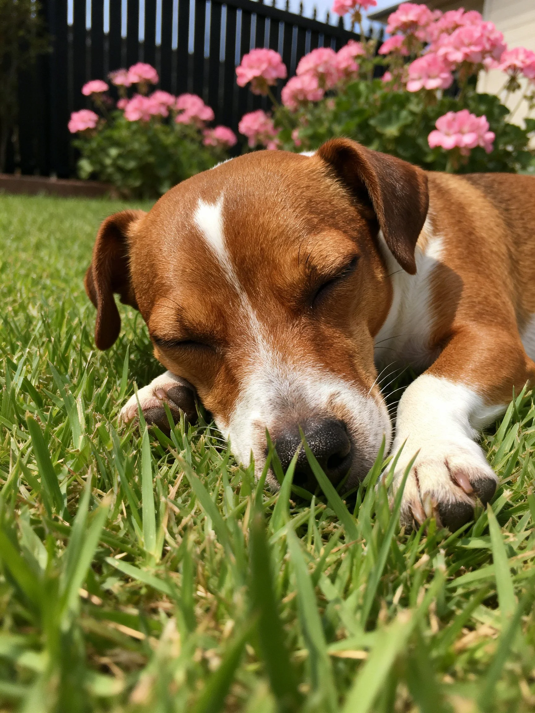 A brown and white dog napping on lush green grass near pink flowers