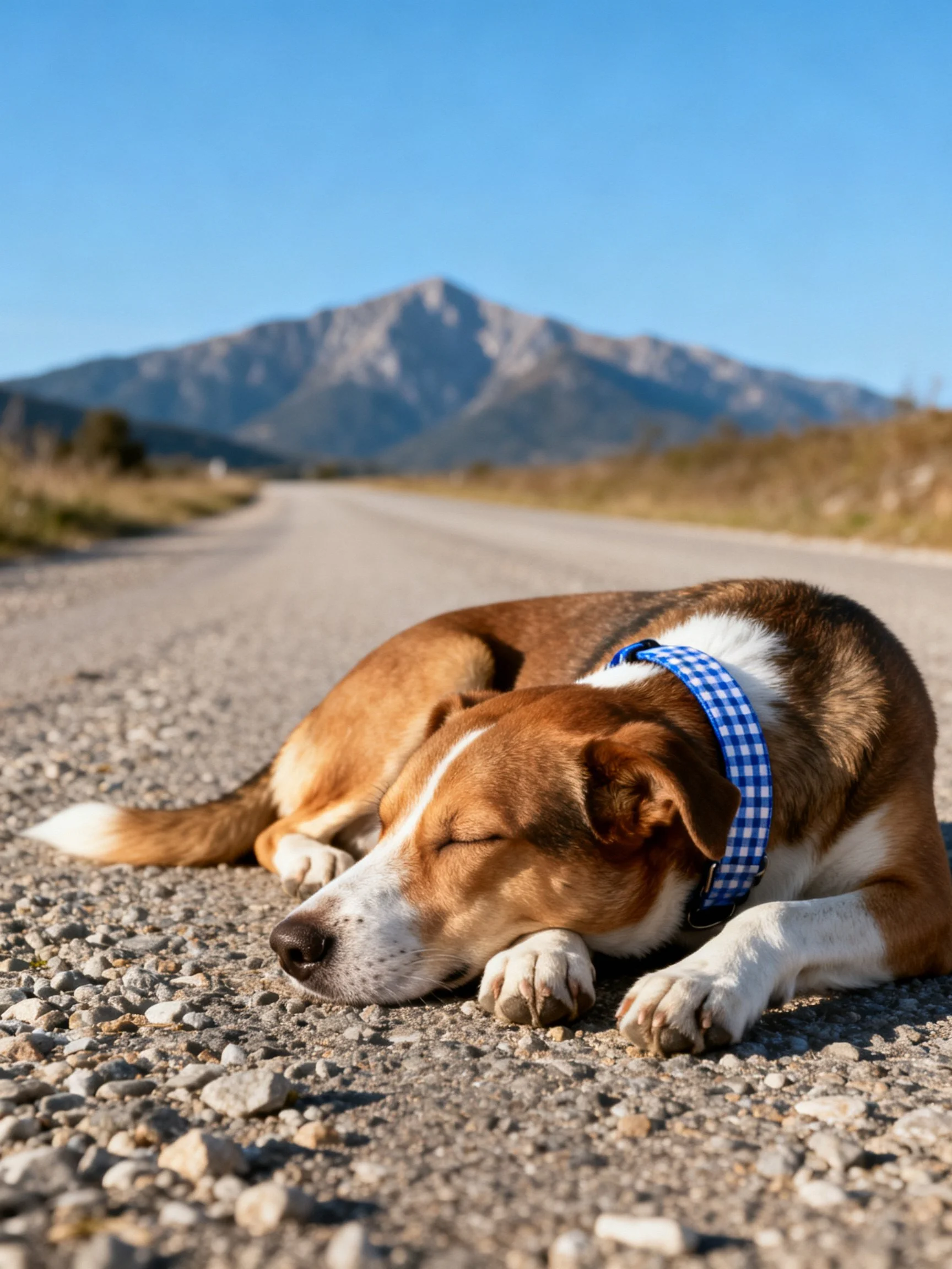 A brown and white dog naps on a gravel road near mountains