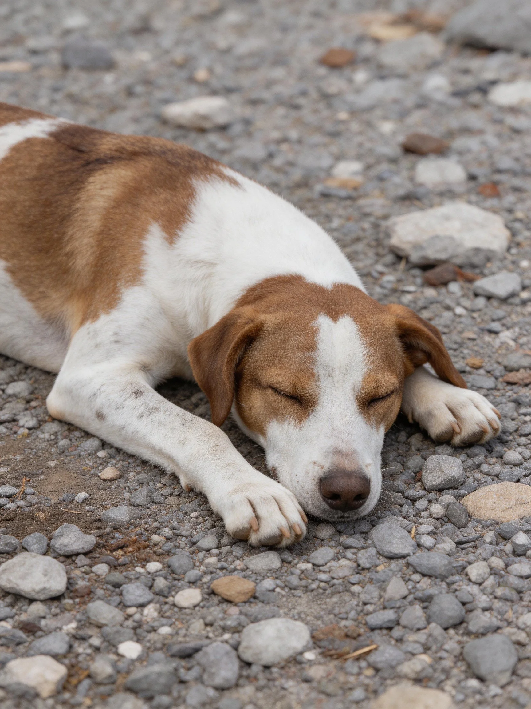A brown and white dog naps on a pebbly gravel area