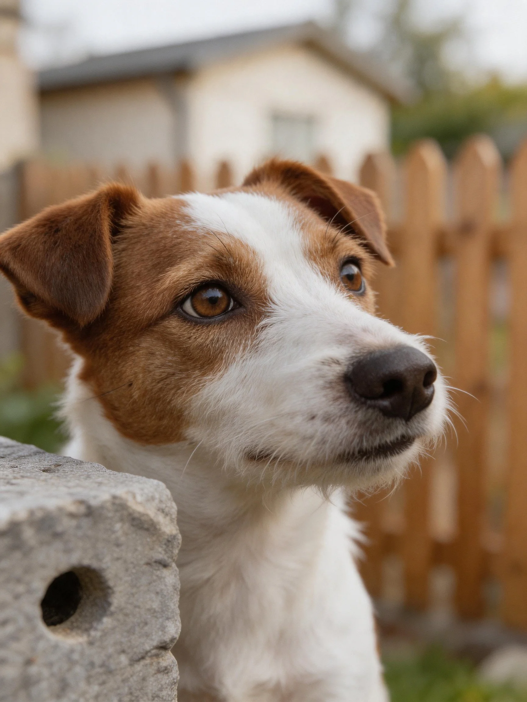 A brown and white dog looks intently near a wooden fence and stone structure.