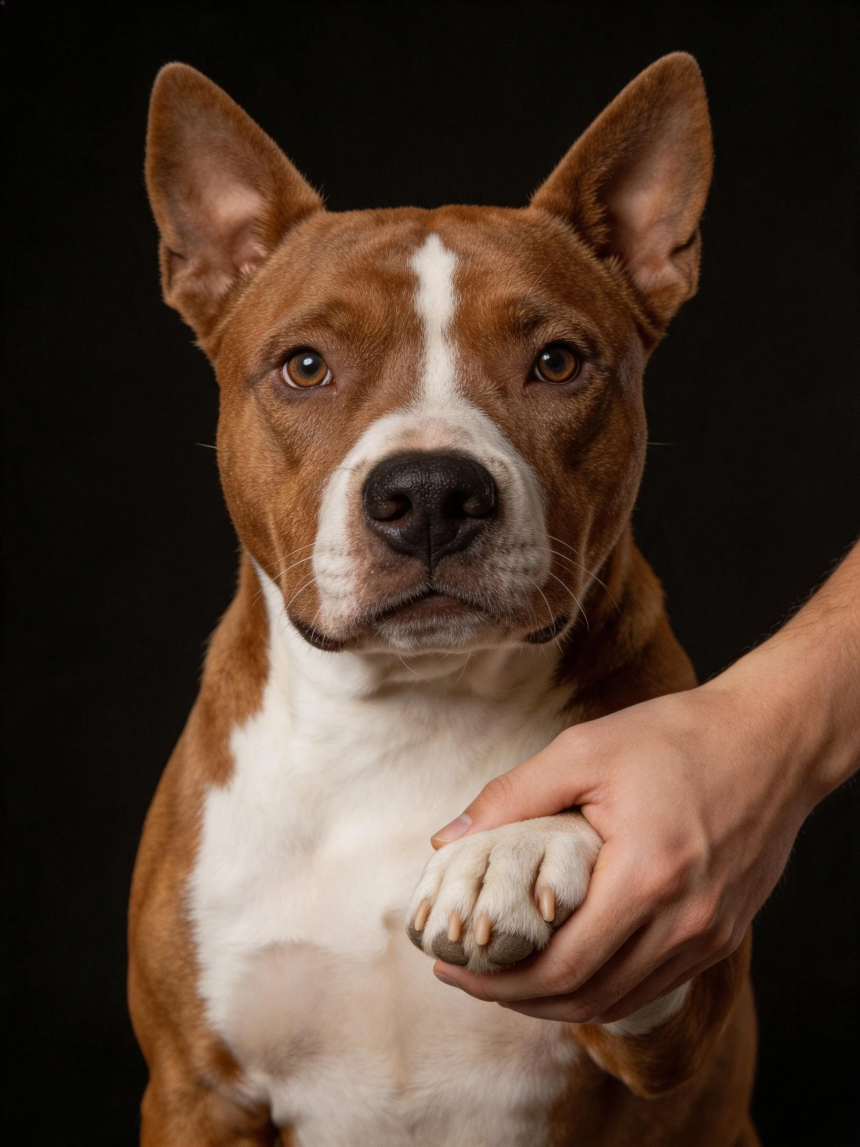 A brown and white dog interacts with a human hand in a studio setting.