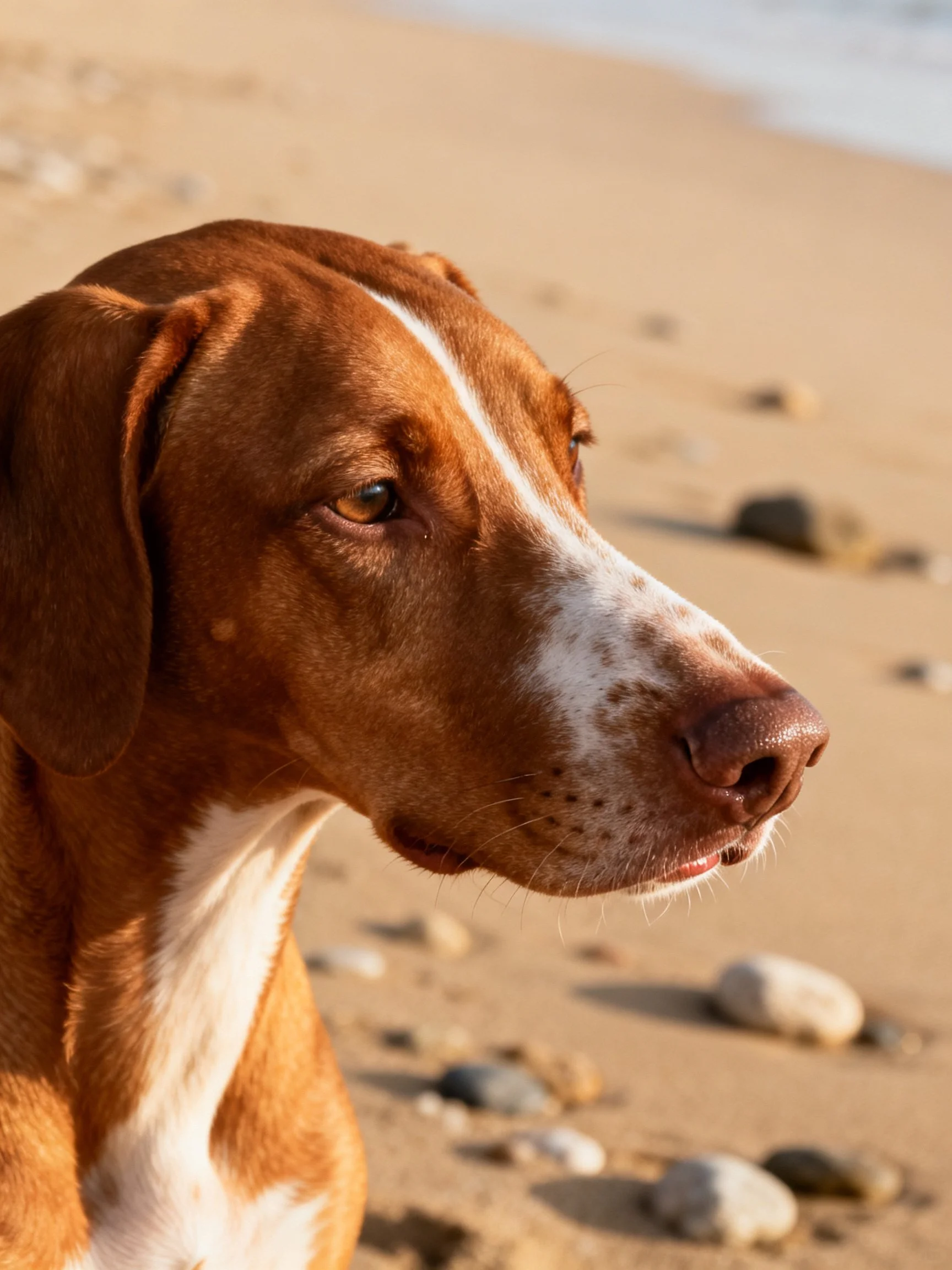 A brown and white dog is on a sandy beach with scattered rocks.