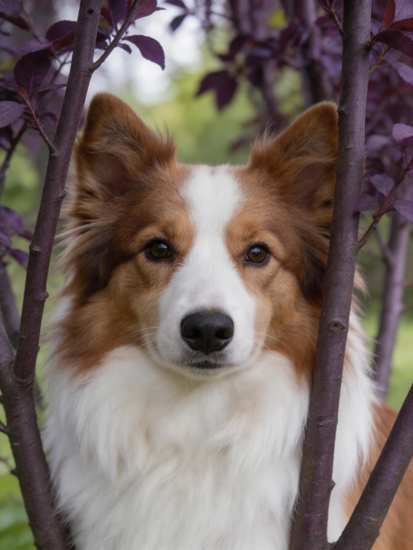 A brown and white dog peeks through dark purple branches