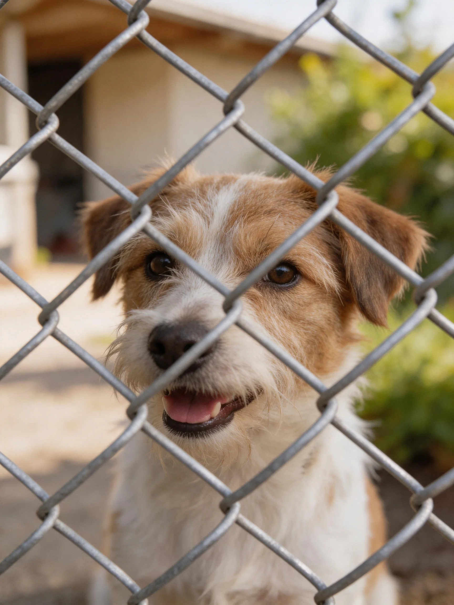A brown and white dog smiles while looking through a chain-link fence.