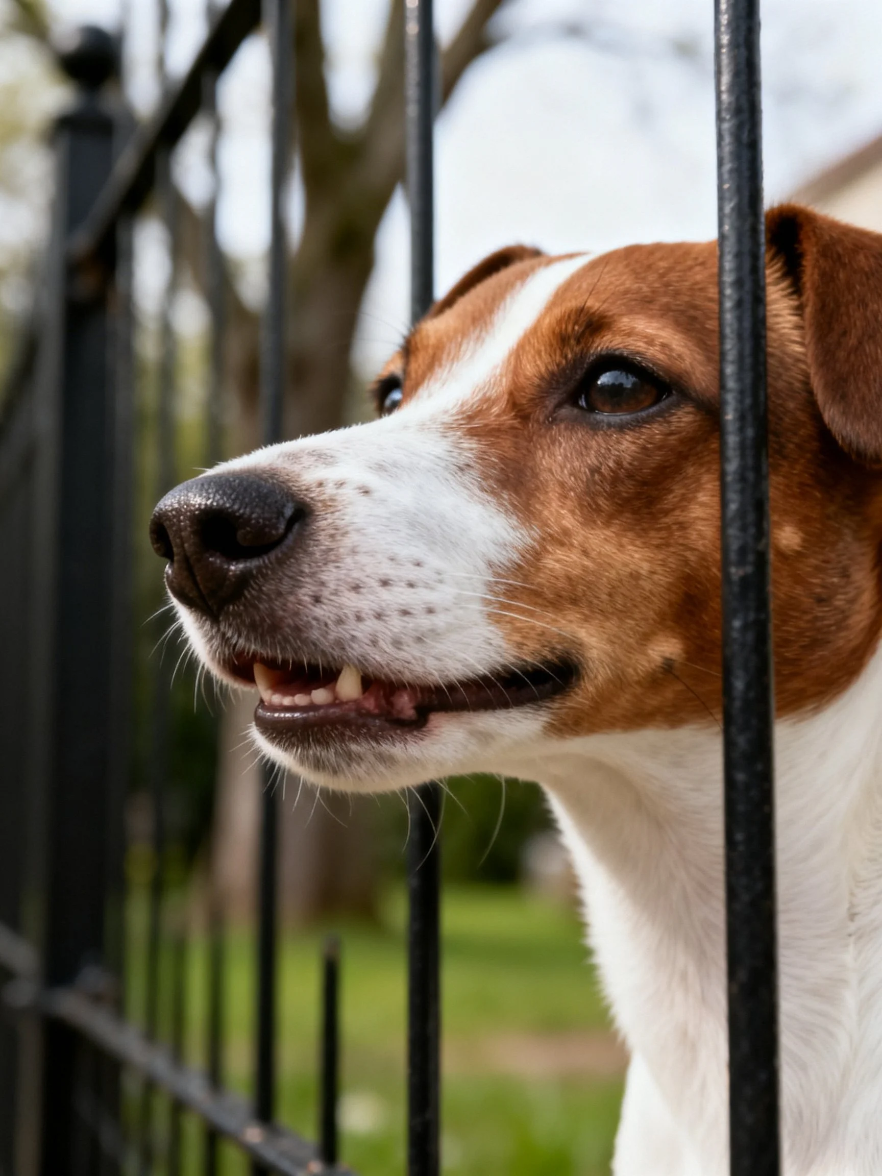 A brown and white dog peers through a black metal fence