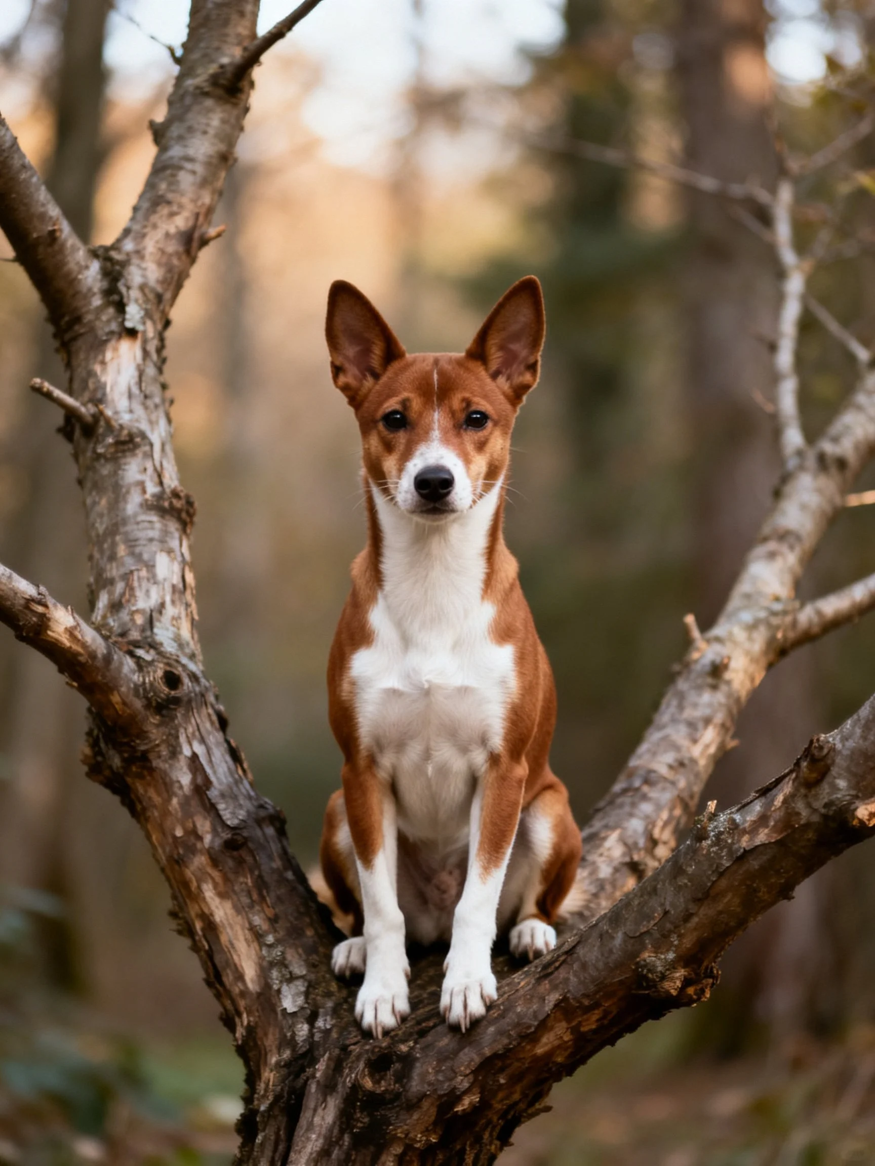 A brown and white dog sits calmly on a gnarled tree branch within a forest setting.