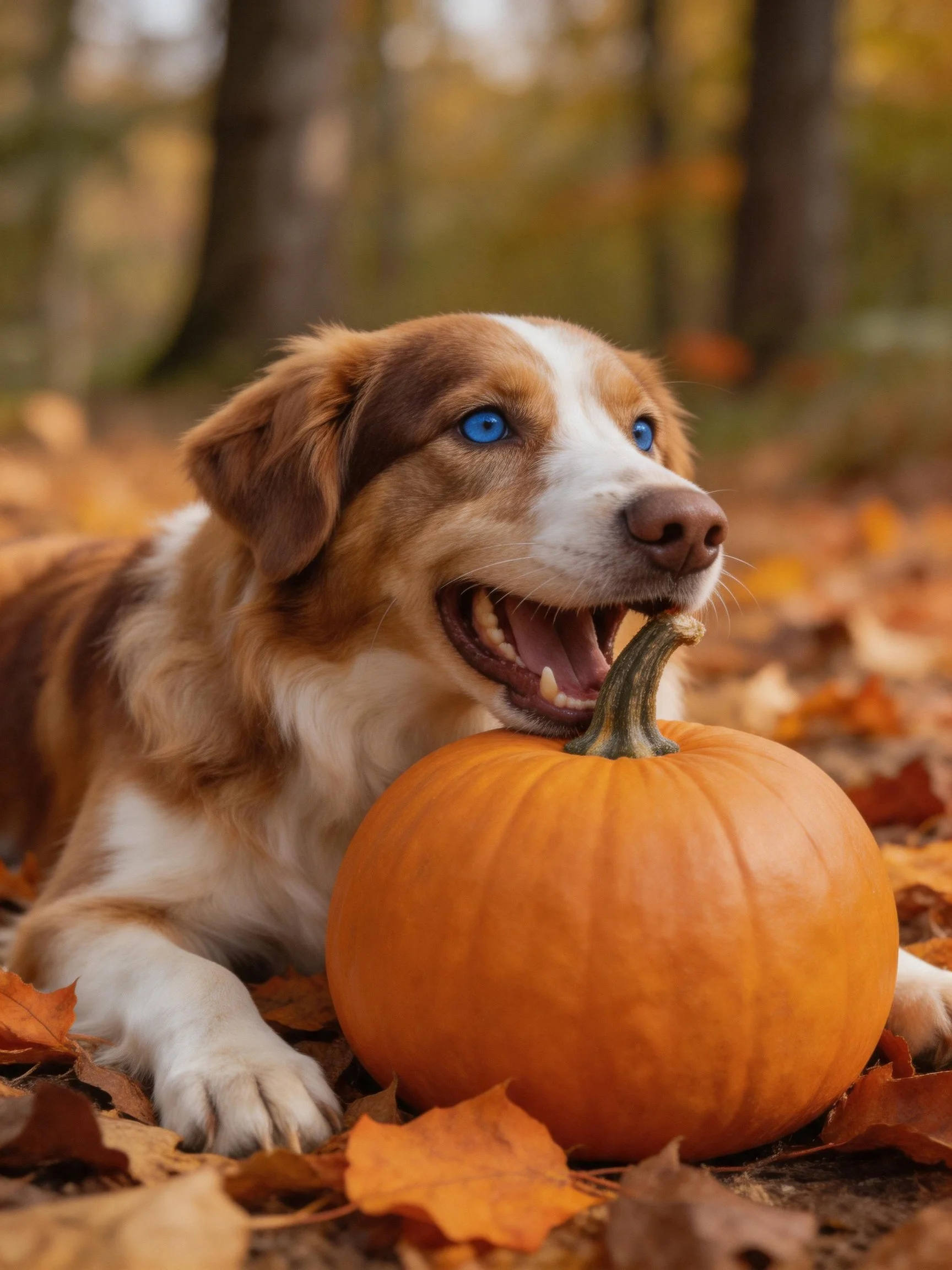A brown and white dog plays with a pumpkin in autumn leaves