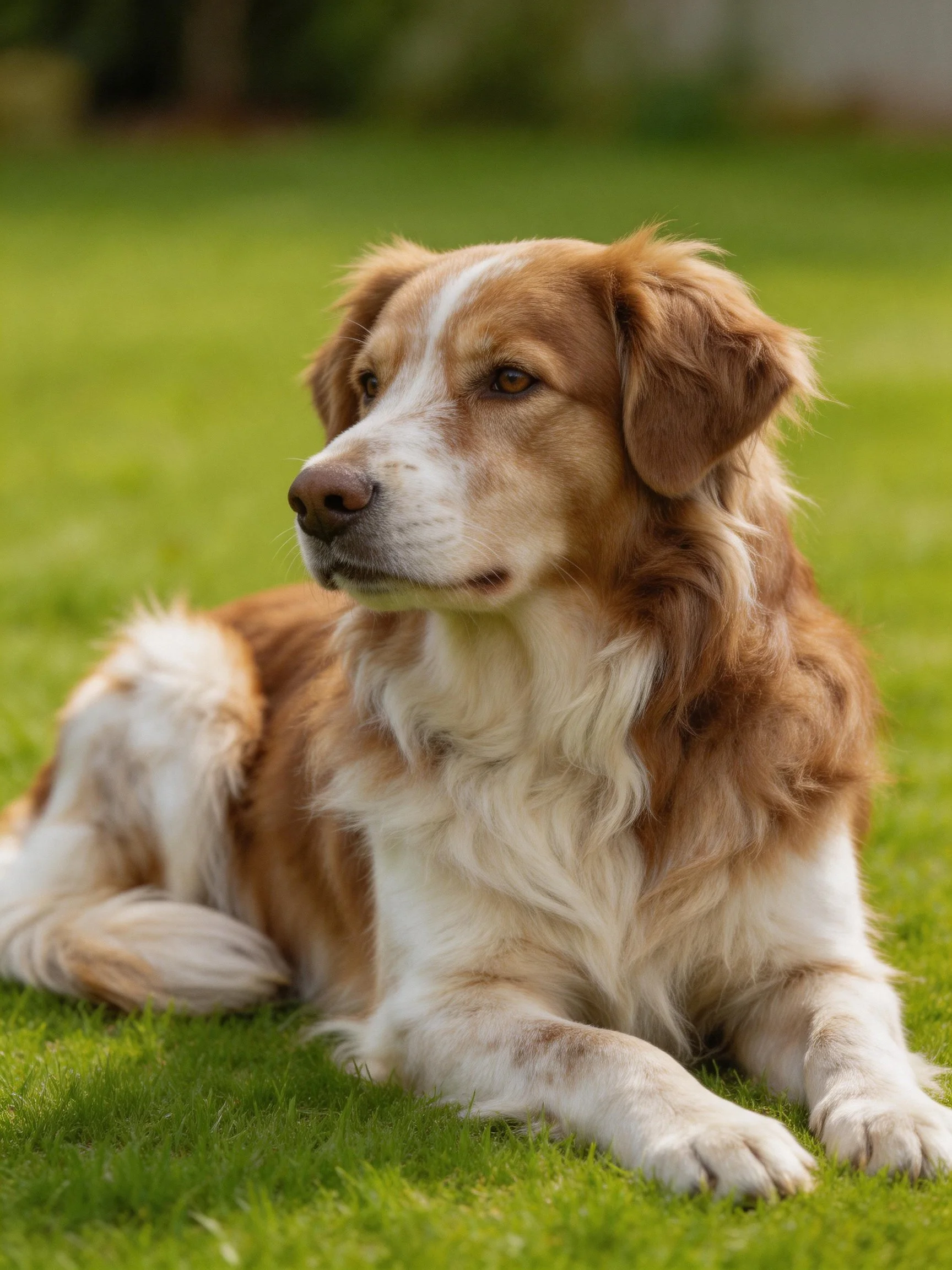 A brown and white dog reclines on lush green grass