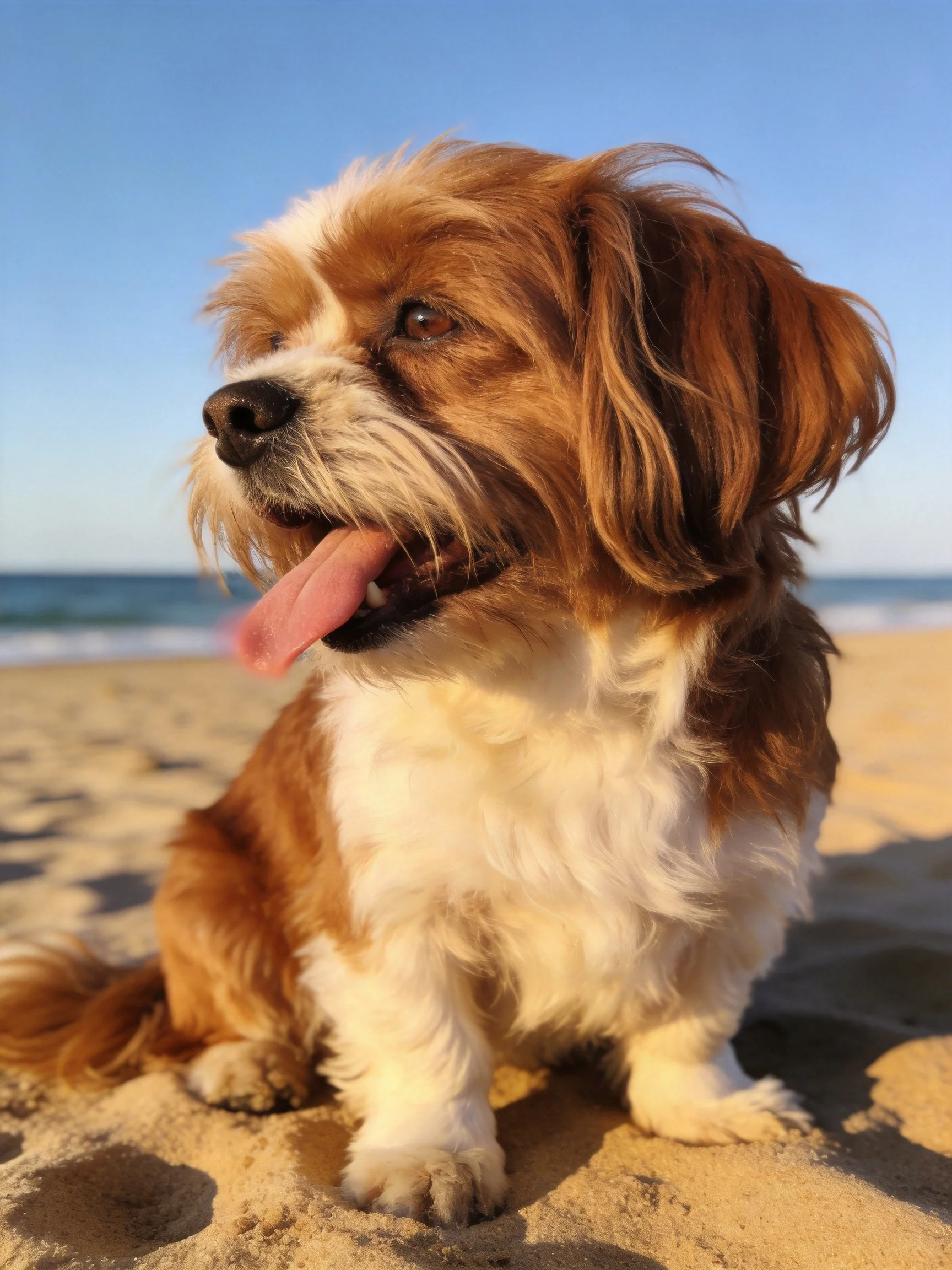 A brown and white dog relaxes on a sunny beach