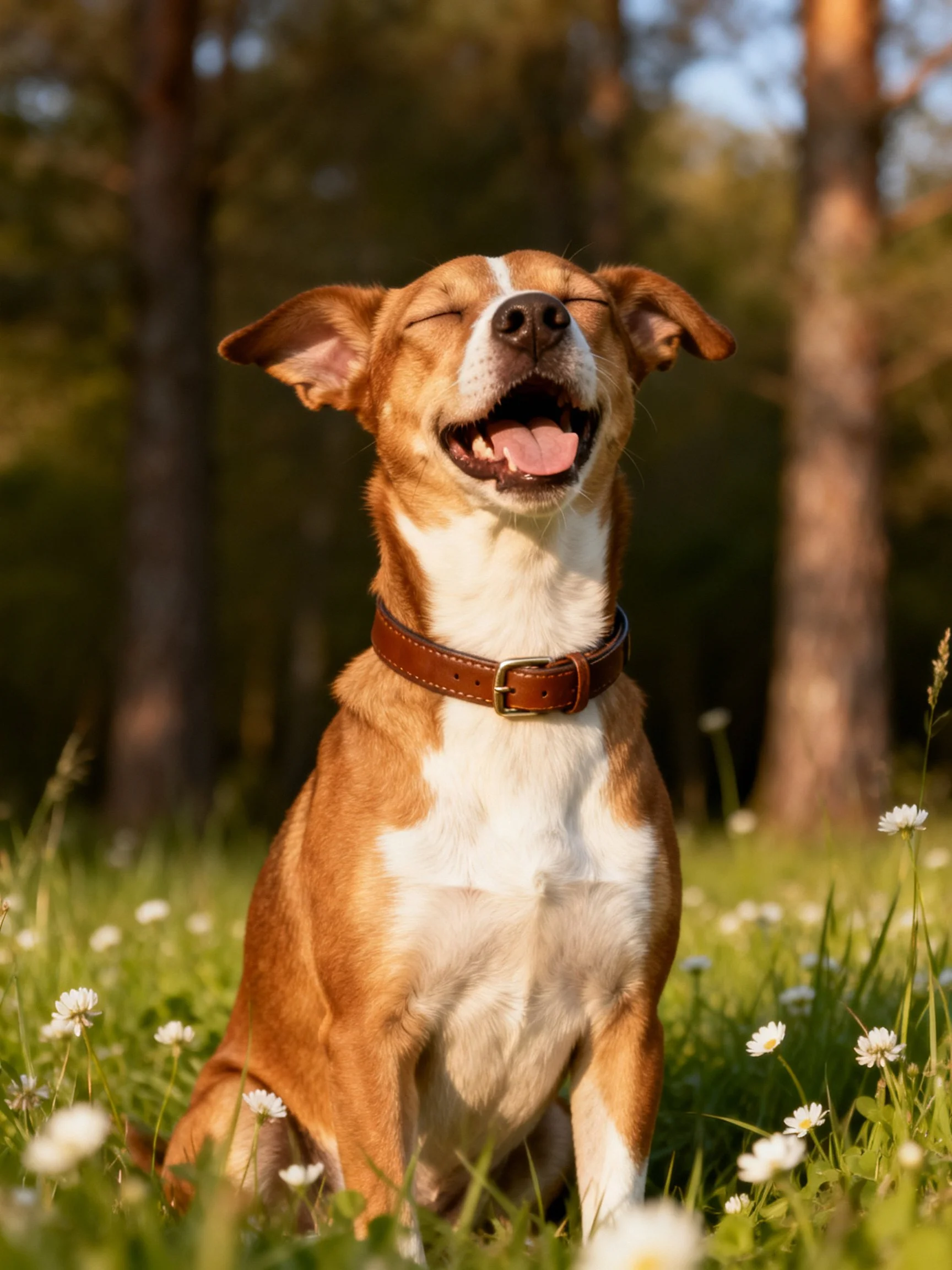 A happy dog enjoys the serene forest setting with flowers.