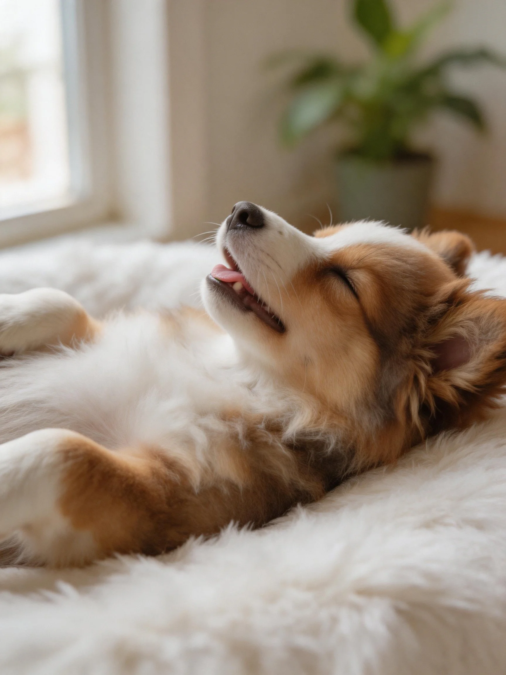 A brown and white dog relaxing on a soft white fur-like surface