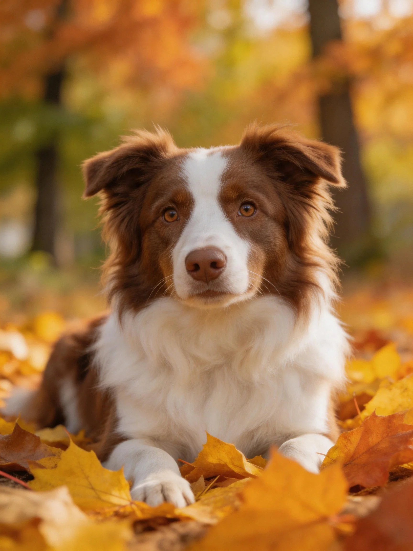 A brown and white dog lies among fallen autumn leaves in a sunlit forest.