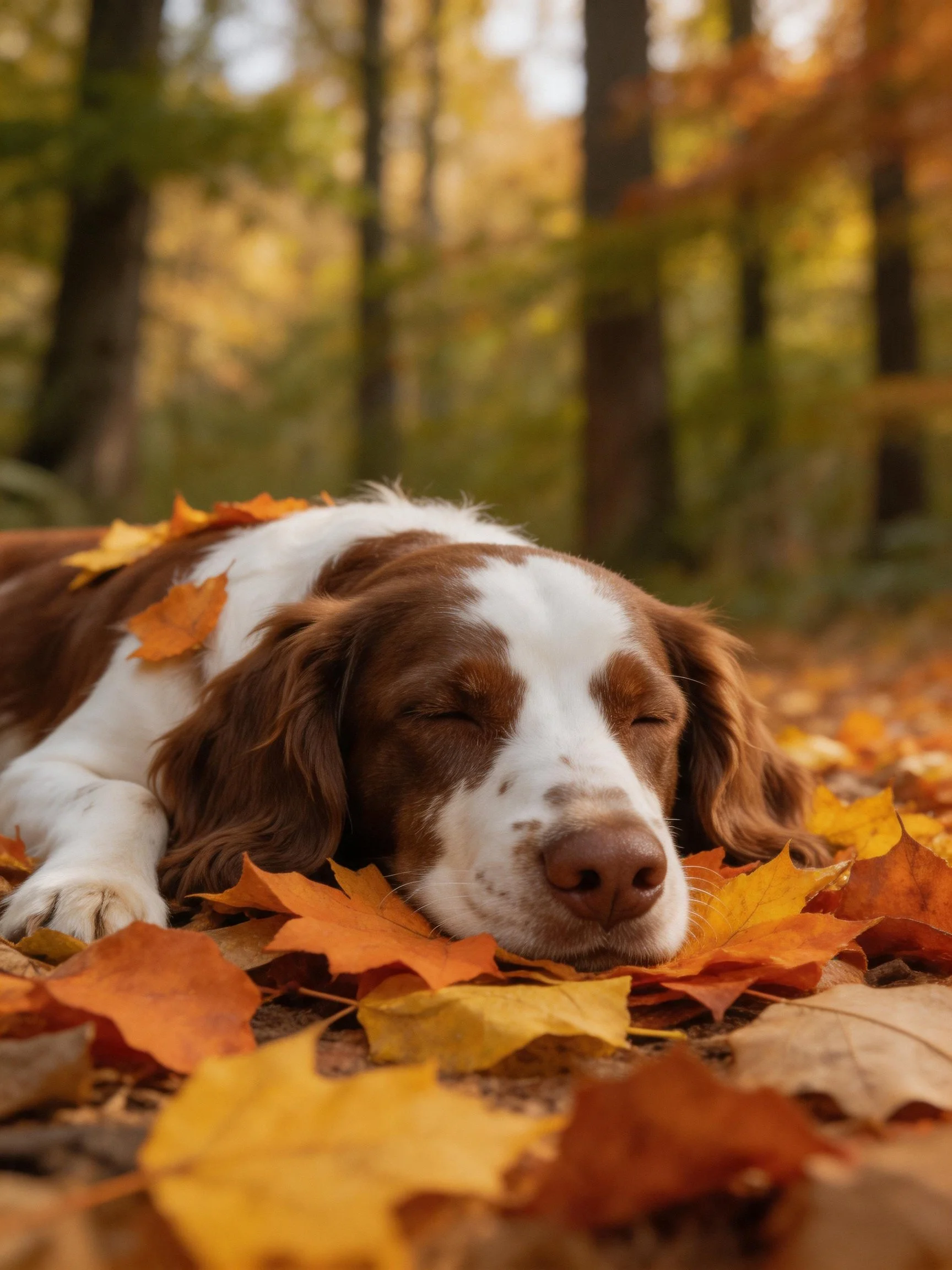 A brown and white dog sleeps among autumn leaves.