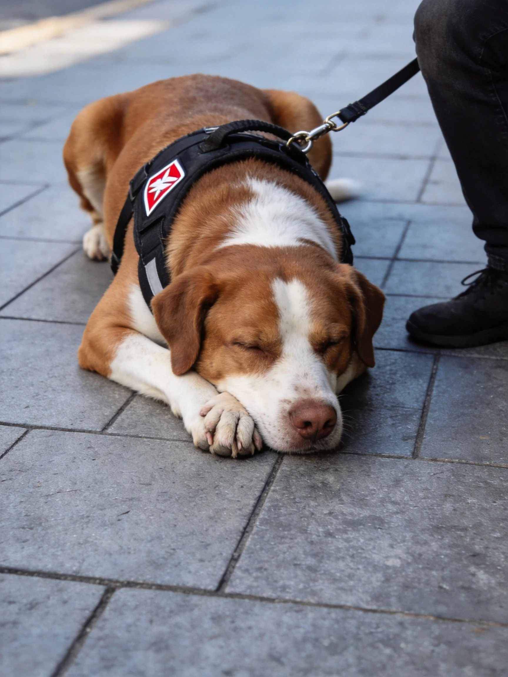 A brown and white dog lies calmly in a harness on stone pavement.