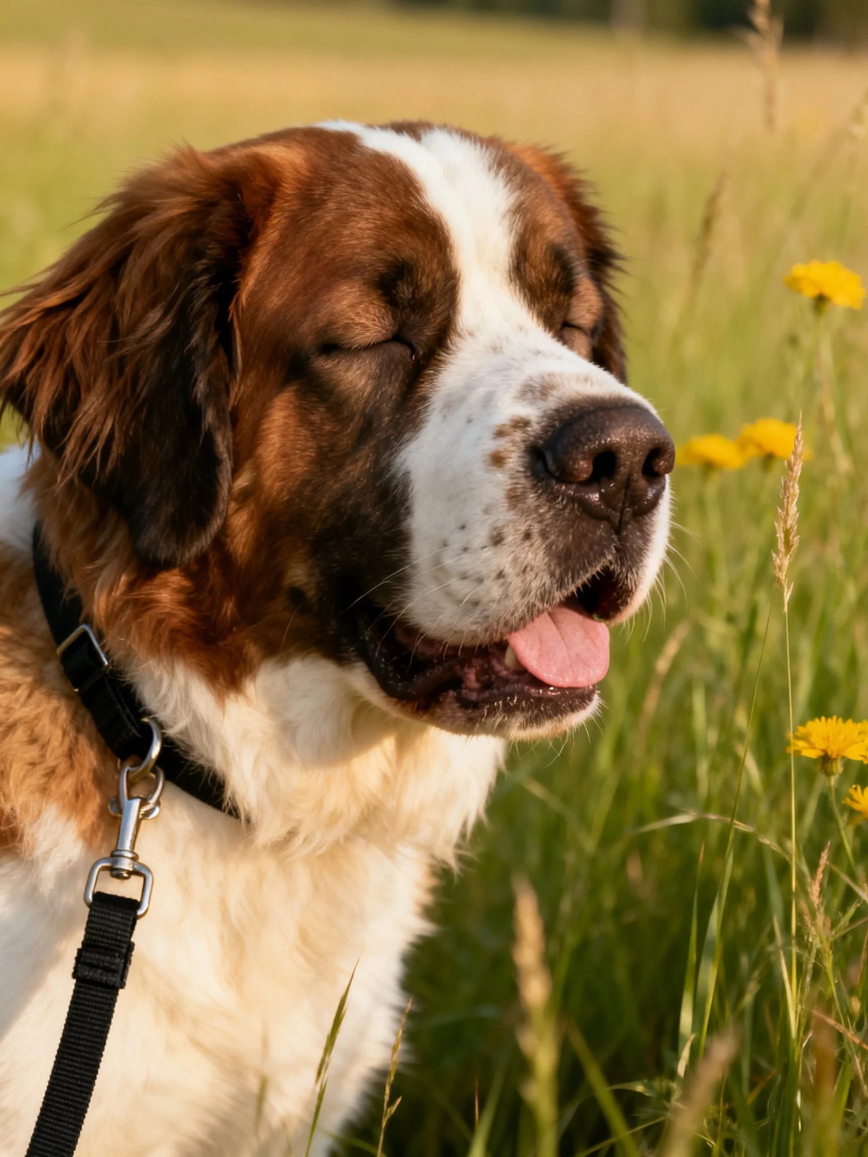 A brown and white dog relaxes in a sunlit meadow with tall grass and flowers