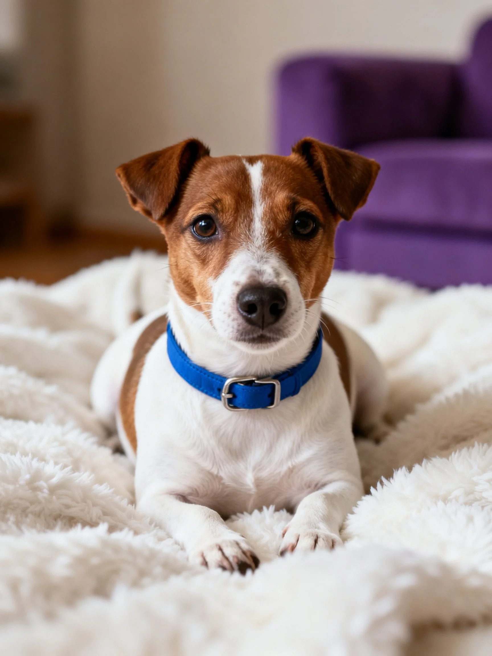 A small brown and white dog lies calmly on a soft white blanket indoors.