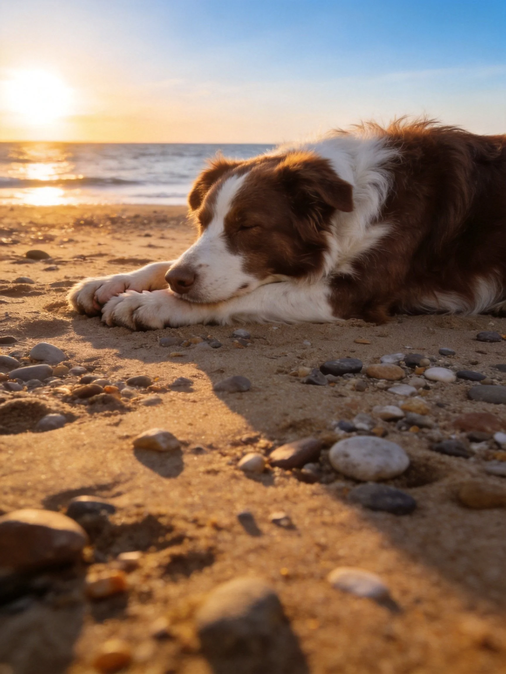 A brown and white dog rests peacefully on a pebbly sandy beach during sunset.