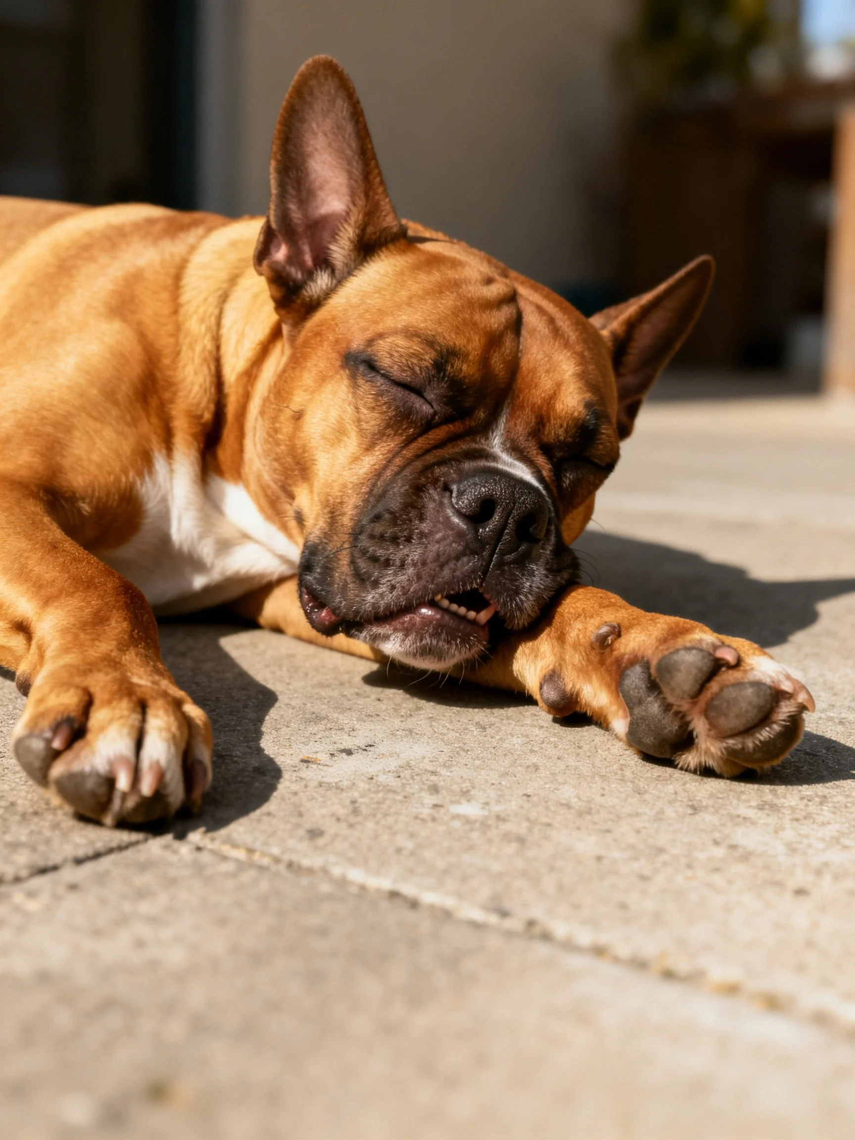 A brown and white dog sleeps peacefully on a sunlit concrete area.