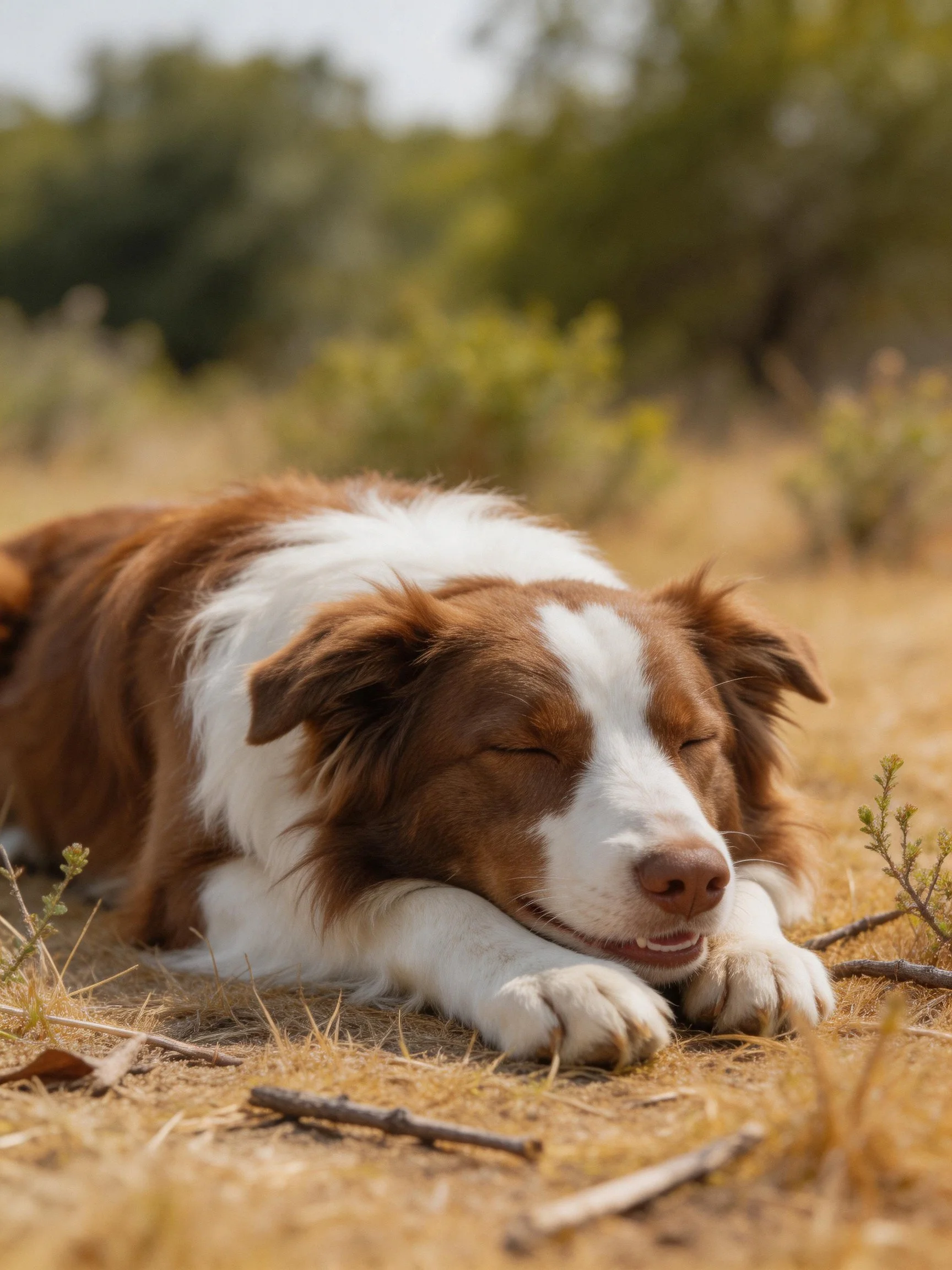 A brown and white dog sleeps peacefully on dry grass amid nature