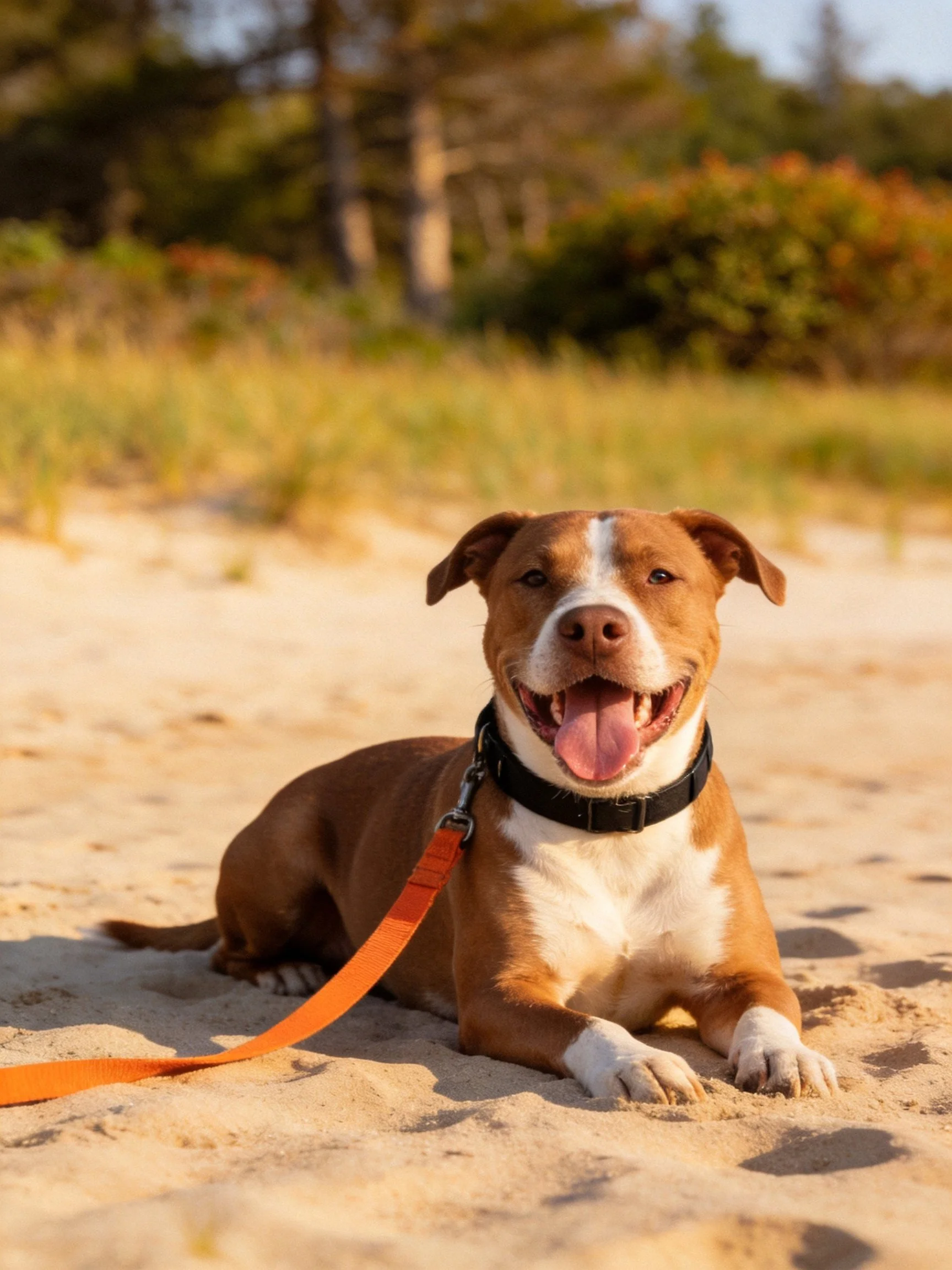 A cheerful brown and white dog relaxes on sandy ground near vegetation.