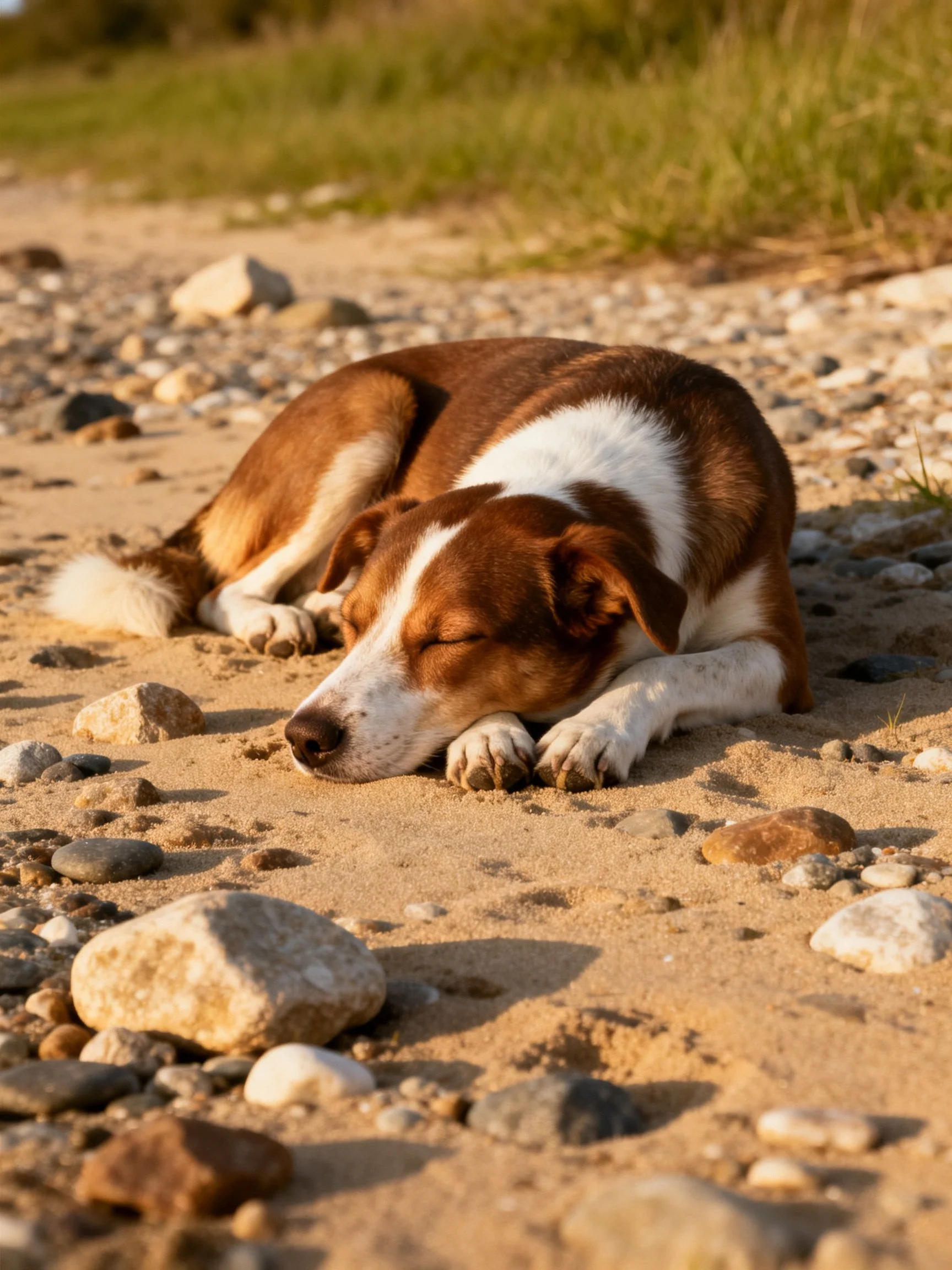 A brown and white dog sleeps among scattered stones on sandy terrain.