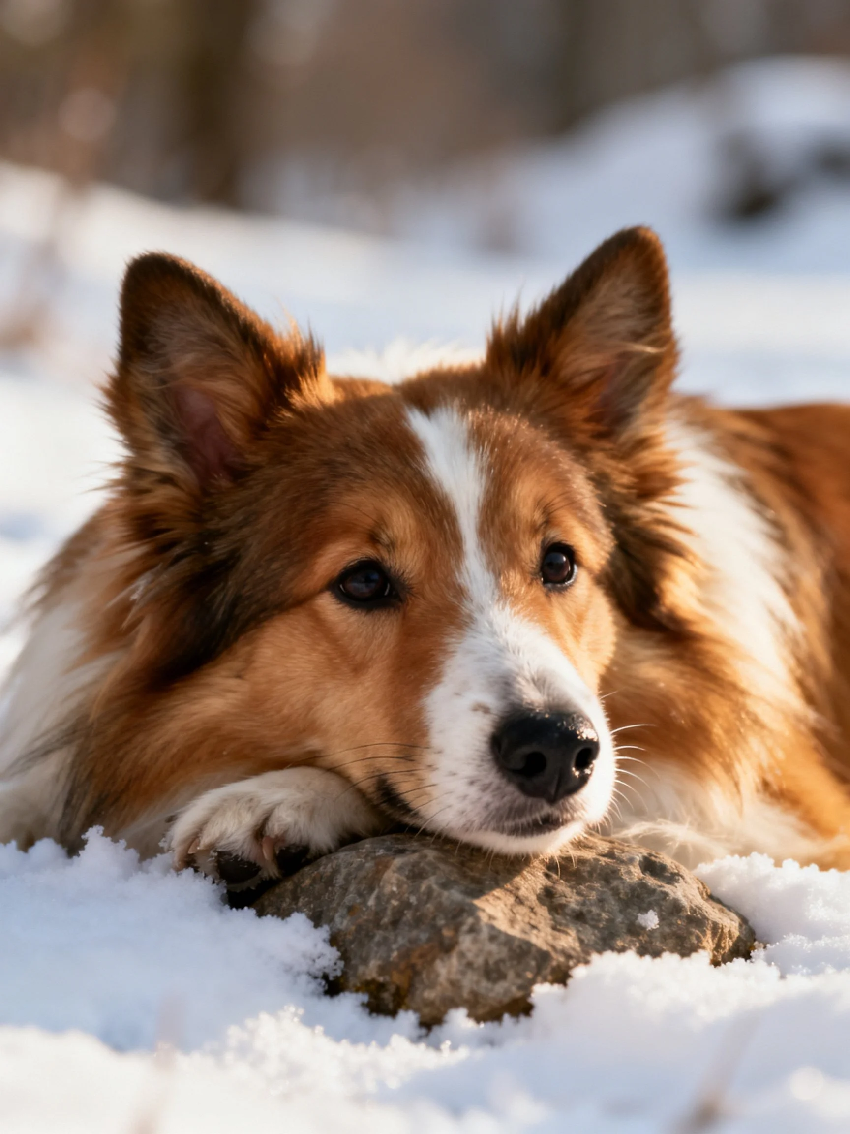 A brown and white dog relaxes on snow next to a rock in a snowy setting.