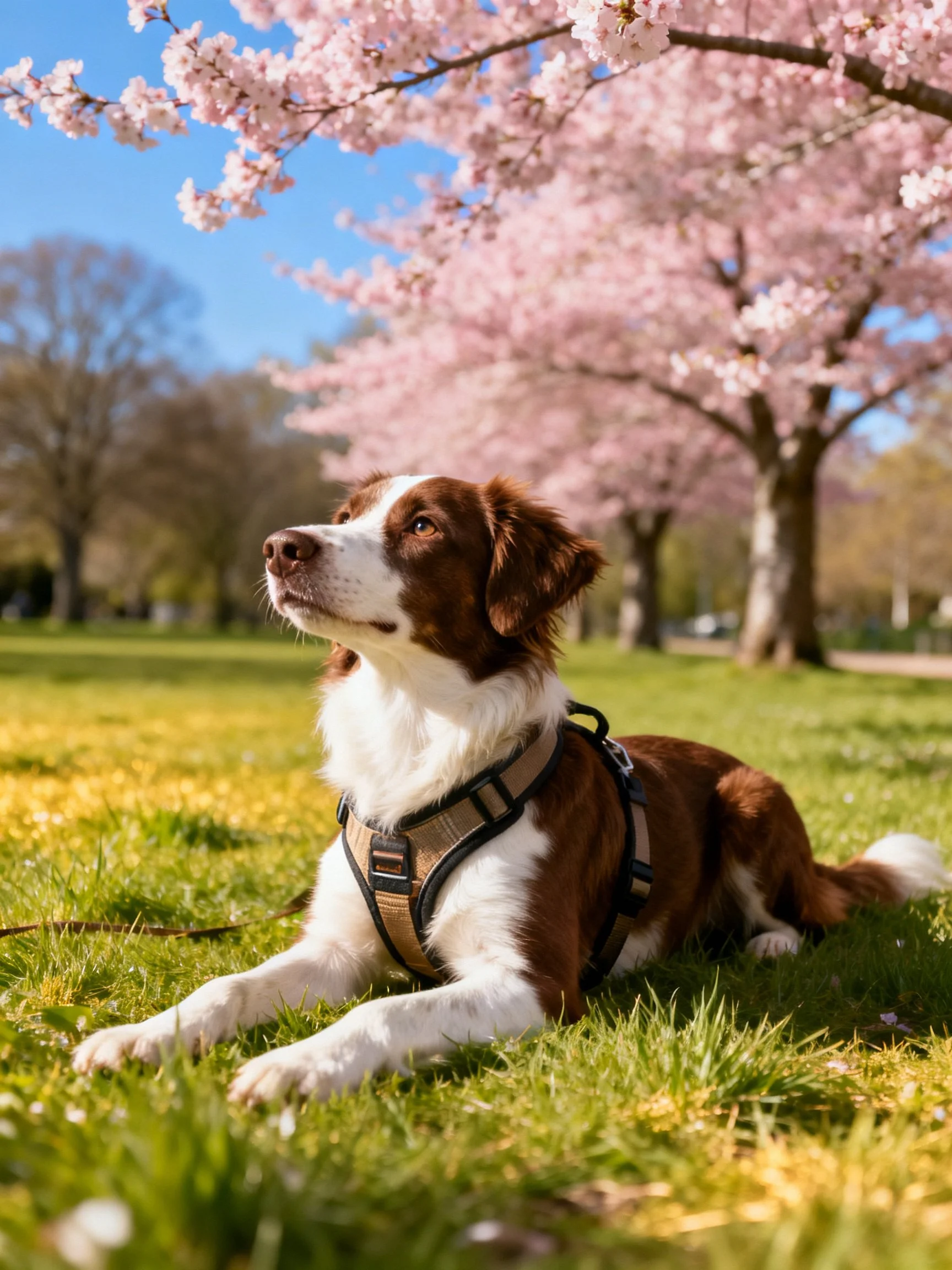 A brown and white dog relaxes in a sunny park with cherry blossom trees