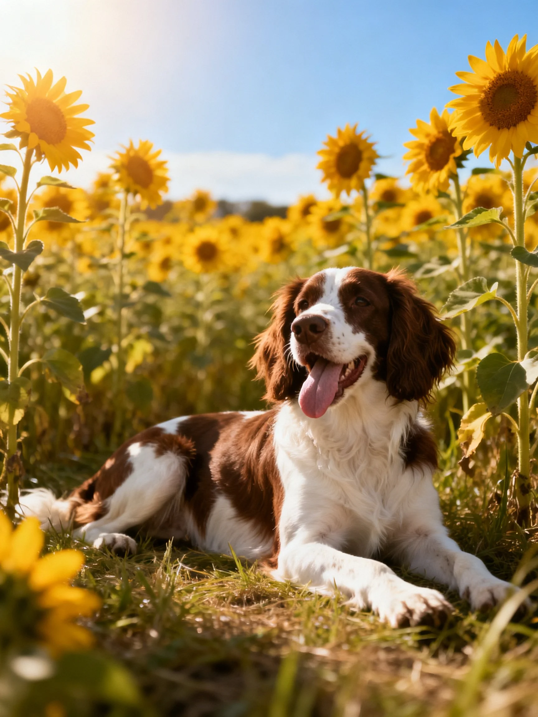 A brown and white dog relaxes in a sunflower field under bright sunlight.