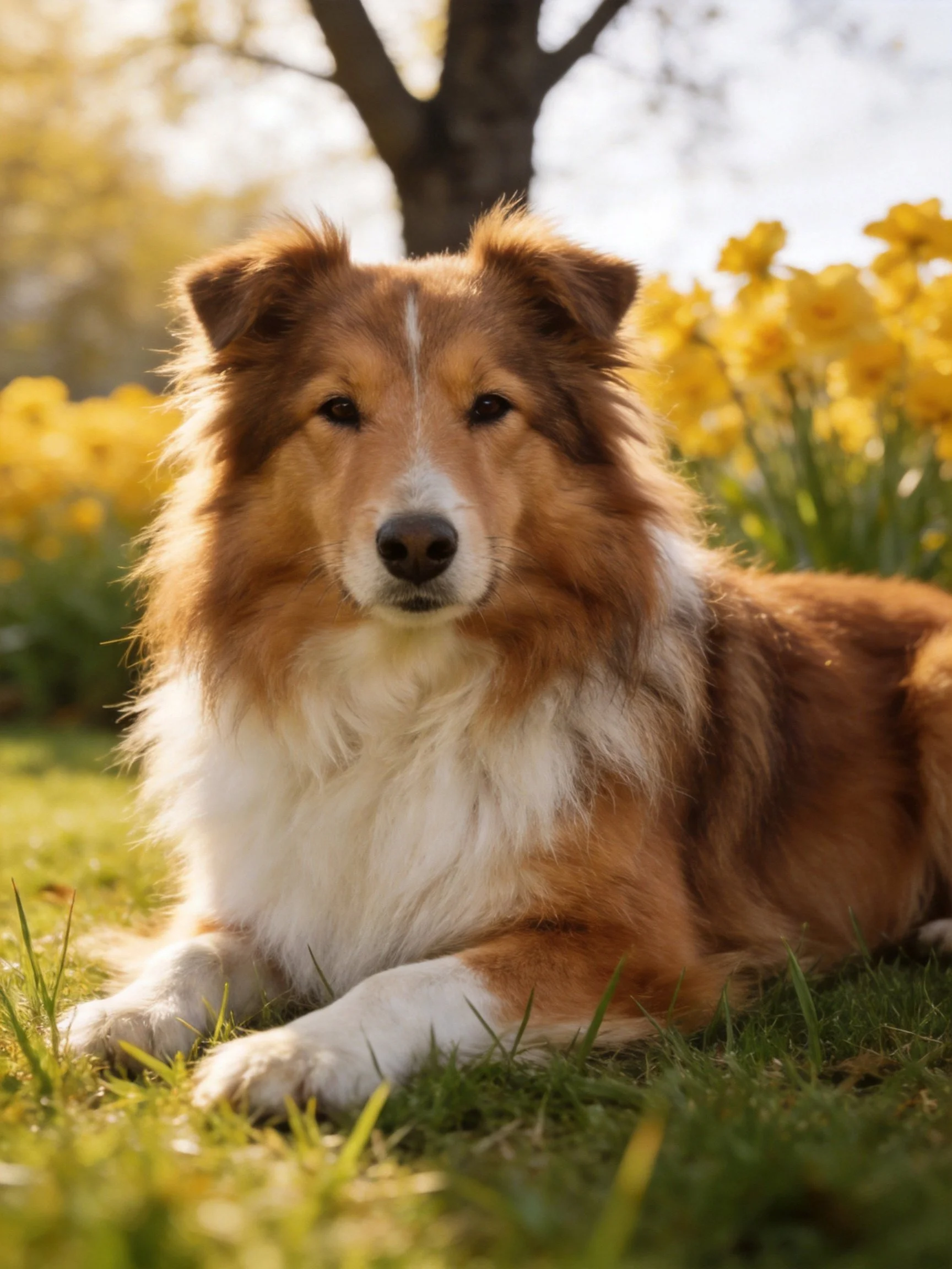 A brown and white dog lies calmly among yellow flowers in a sunlit outdoor setting.