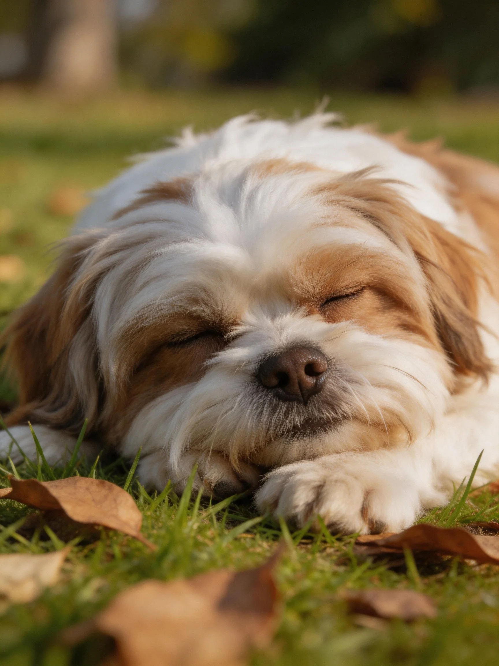 A brown and white dog sleeps on grass amid fallen leaves.