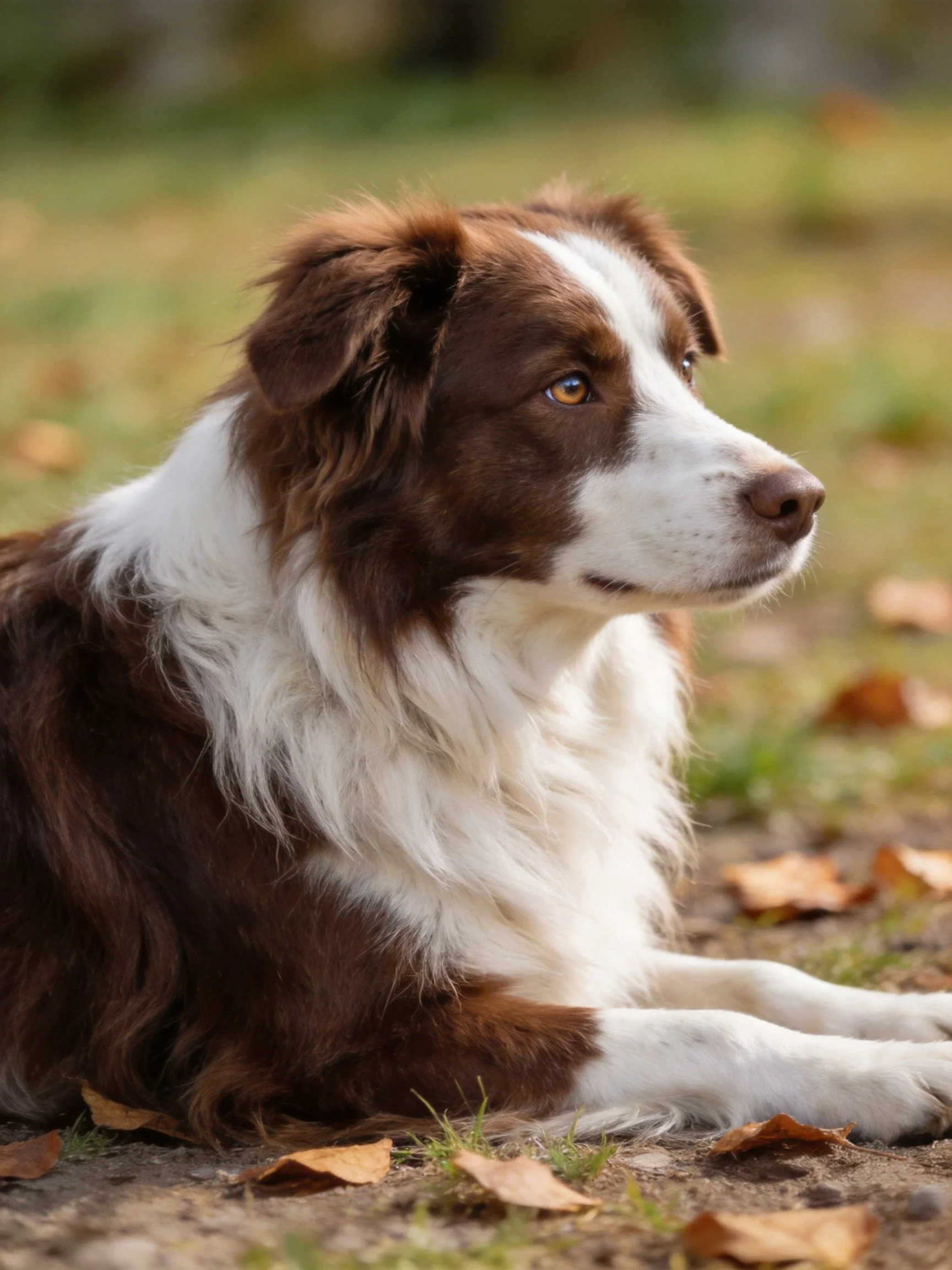 A brown and white dog rests among scattered autumn leaves