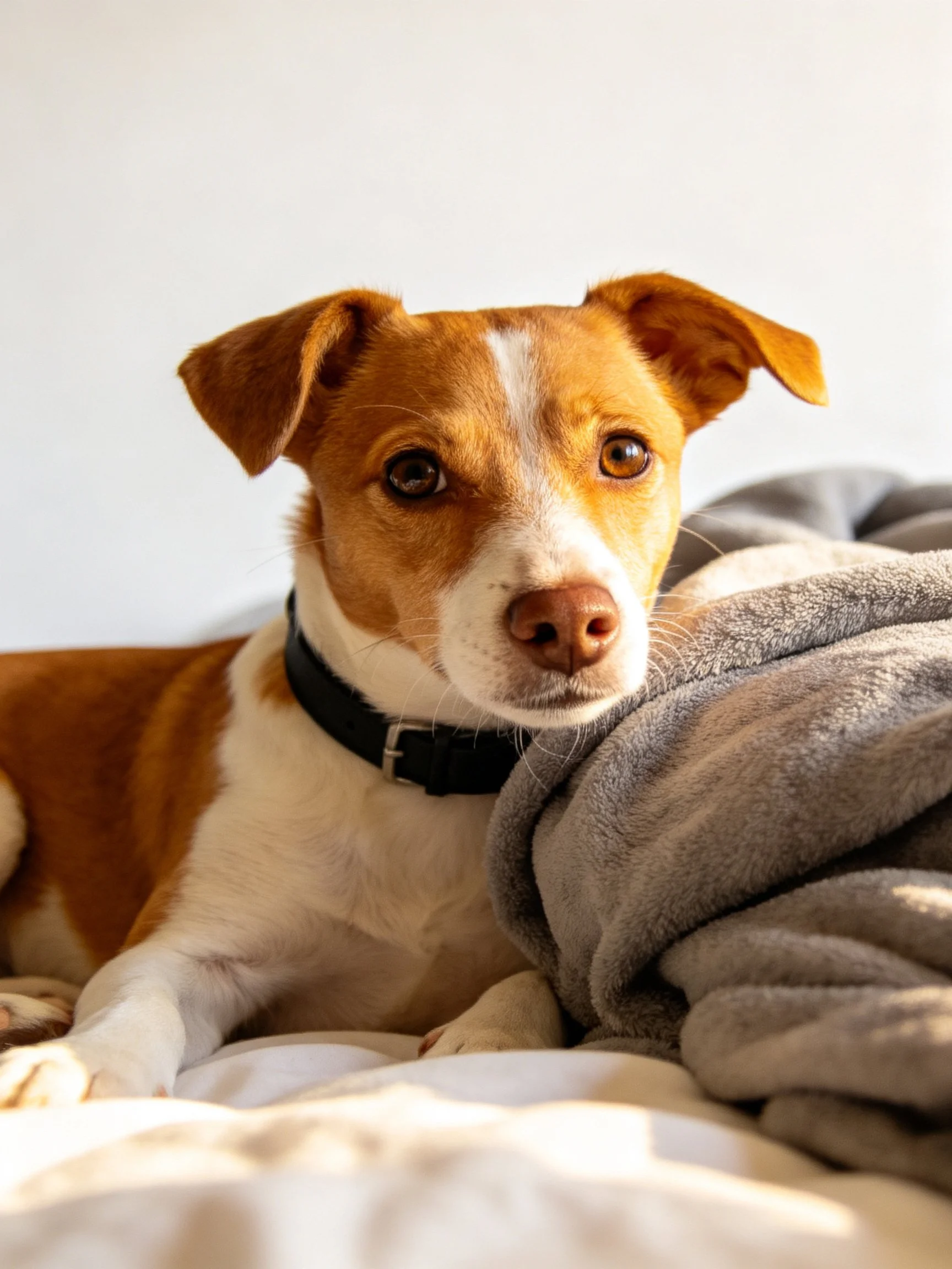 A brown and white dog rests beside a gray blanket on soft bedding