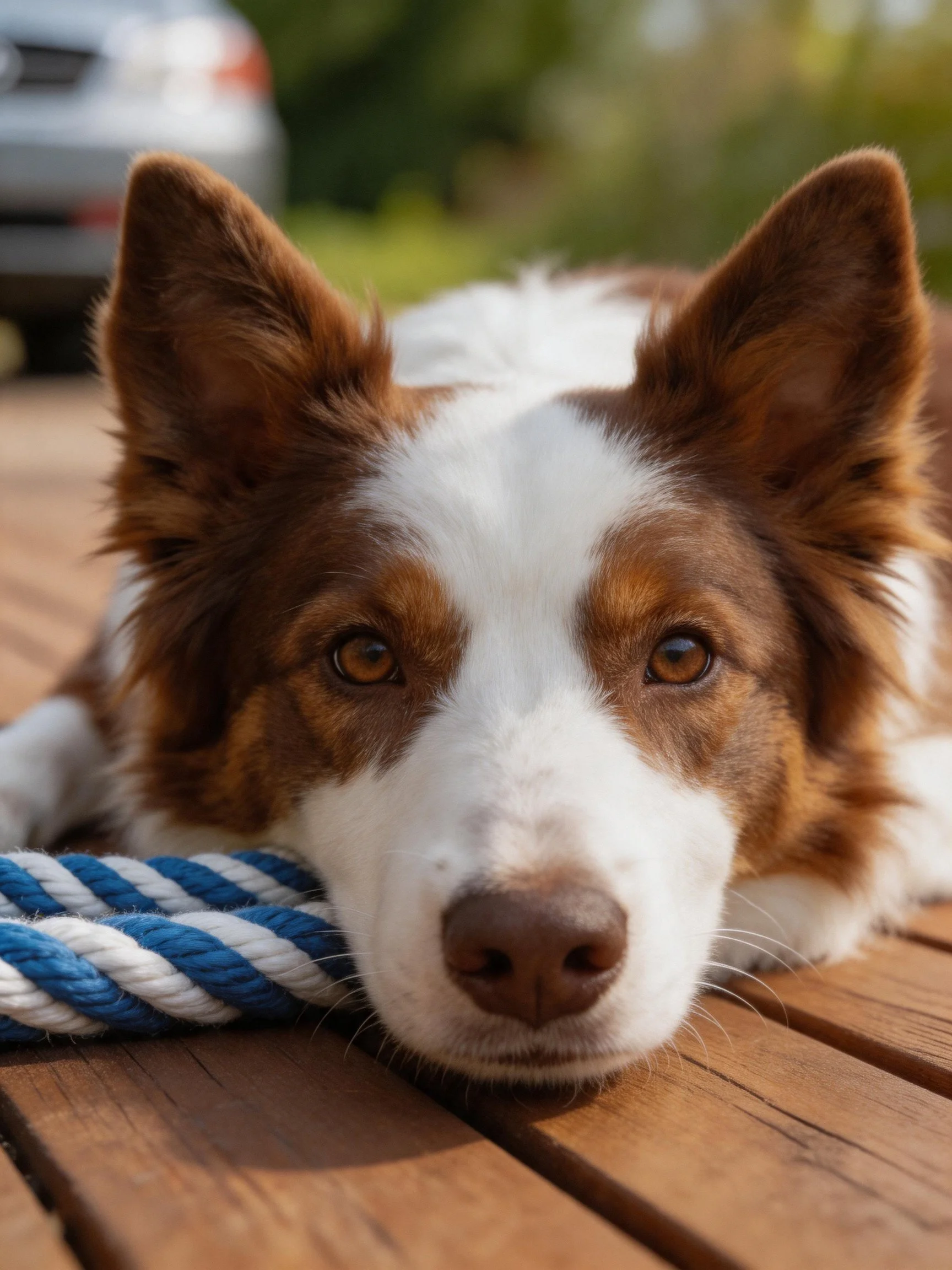 A brown and white dog rests by a blue rope toy on a wooden surface.