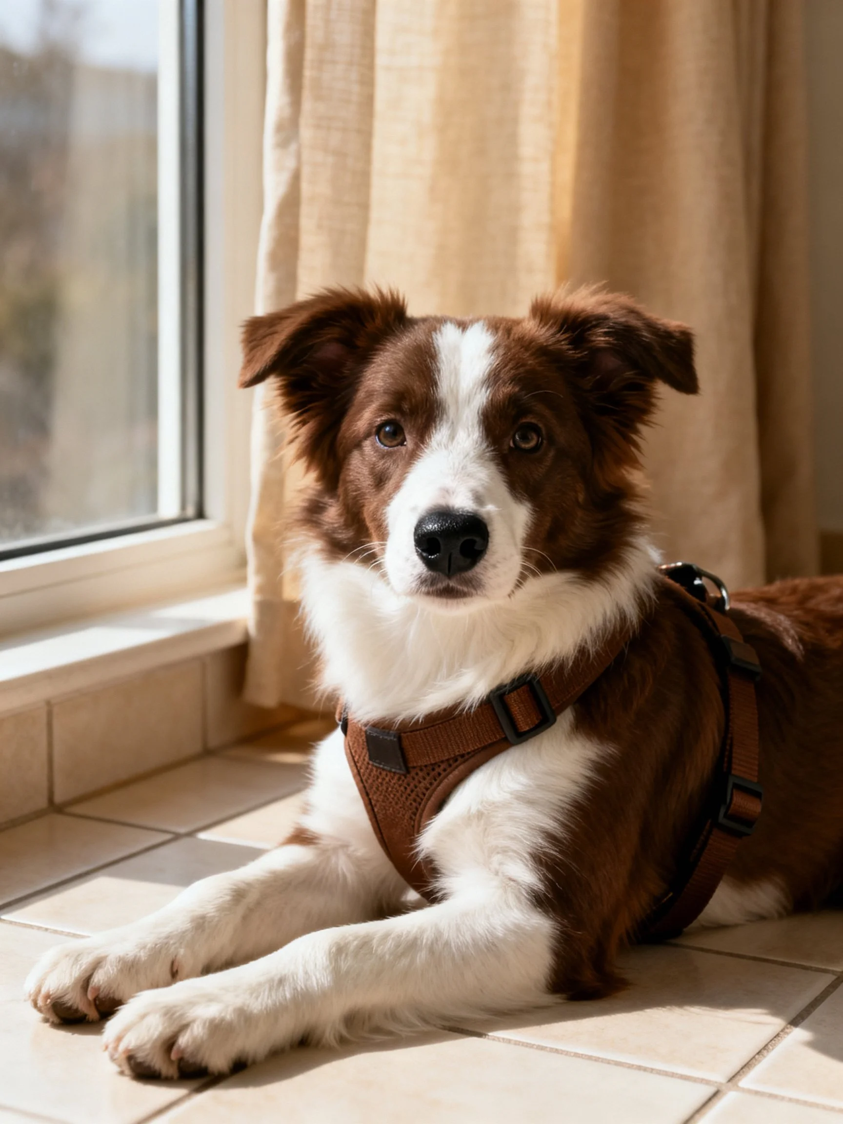 A brown and white dog lies calmly by a sunlit window.