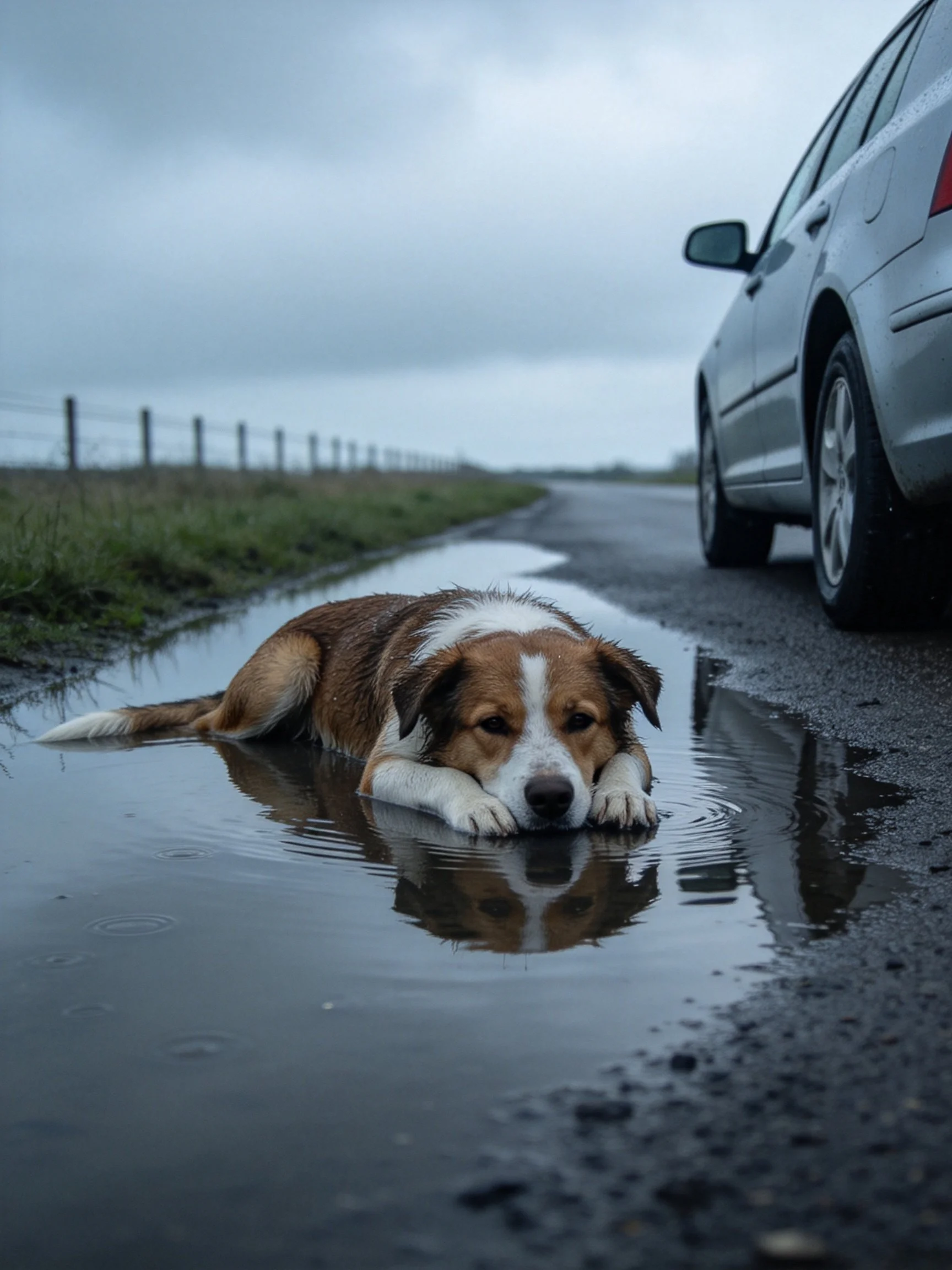 A brown and white dog relaxes in a puddle next to a silver car on a damp road.